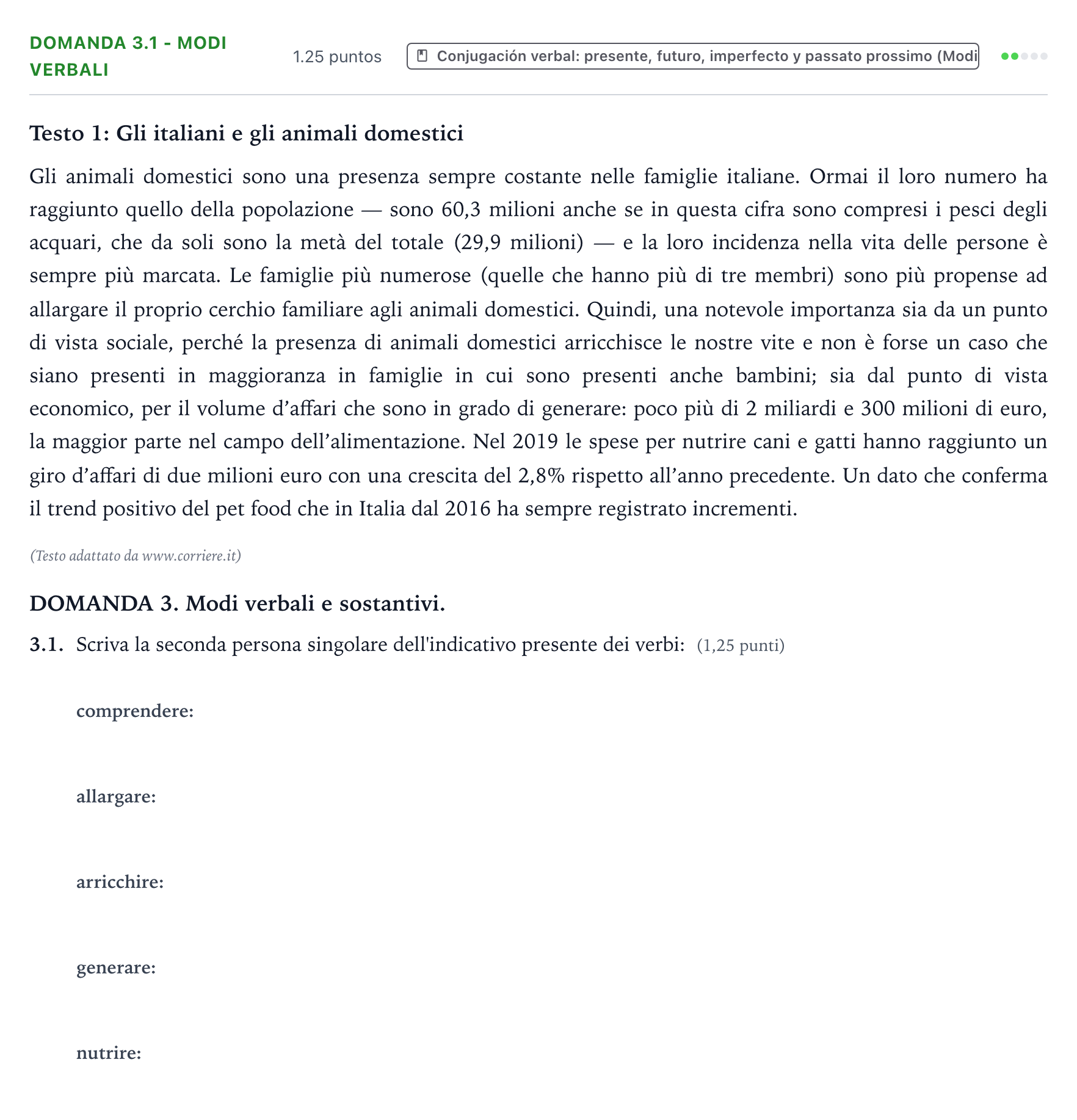 Enunciado: Ejercicio Domanda 3.1 - Modi verbali · Italiano PAU Galicia Extraordinaria 2022