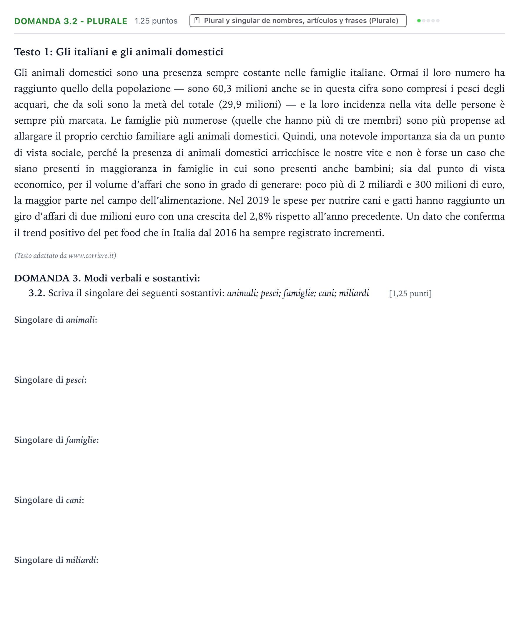 Enunciado: Ejercicio Domanda 3.2 - Plurale · Italiano PAU Galicia Extraordinaria 2022