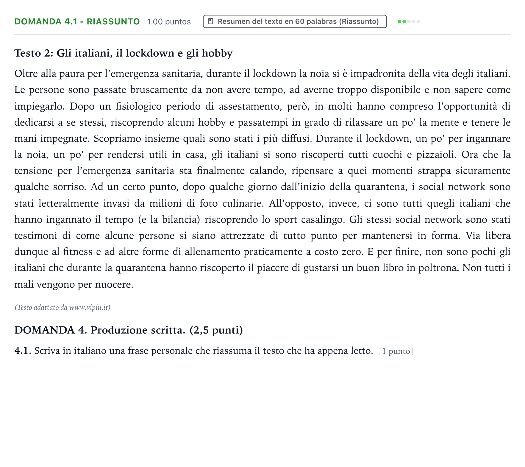 Enunciado: Ejercicio Domanda 4.1 - Riassunto · Italiano PAU Galicia Extraordinaria 2022