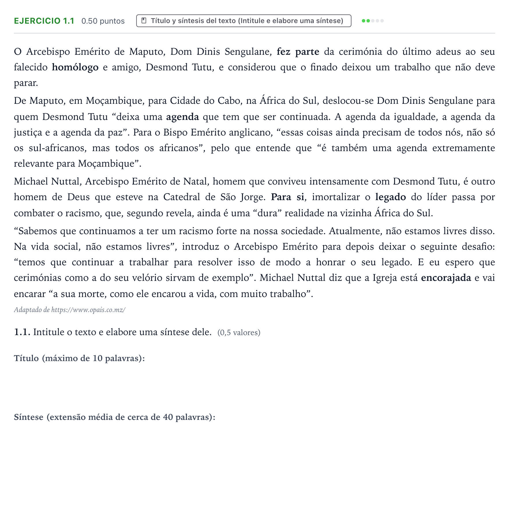 Enunciado: Ejercicio 1.1 · Portugués PAU Galicia Extraordinaria 2022