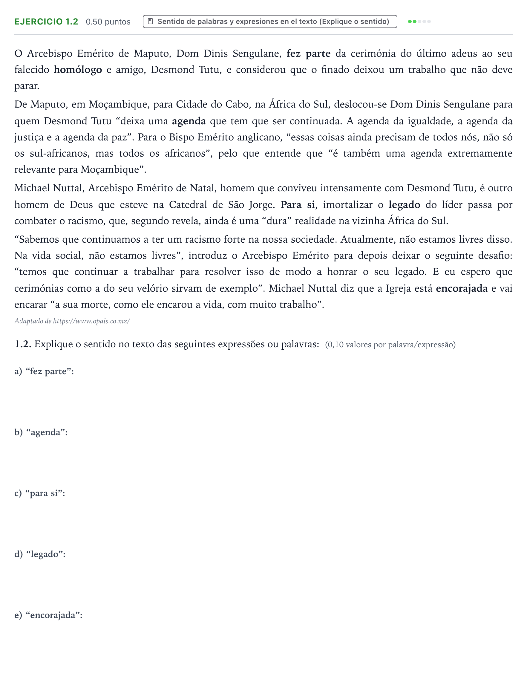 Enunciado: Ejercicio 1.2 · Portugués PAU Galicia Extraordinaria 2022