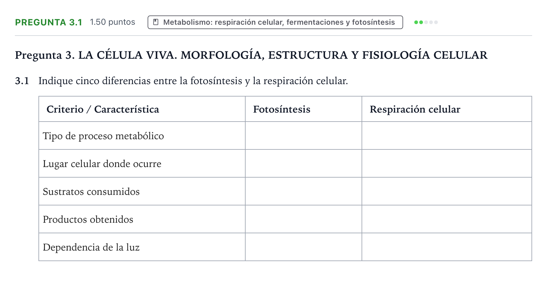 Enunciado: Pregunta 3.1 - Metabolismo · Biología PAU Galicia Extraordinaria 2022