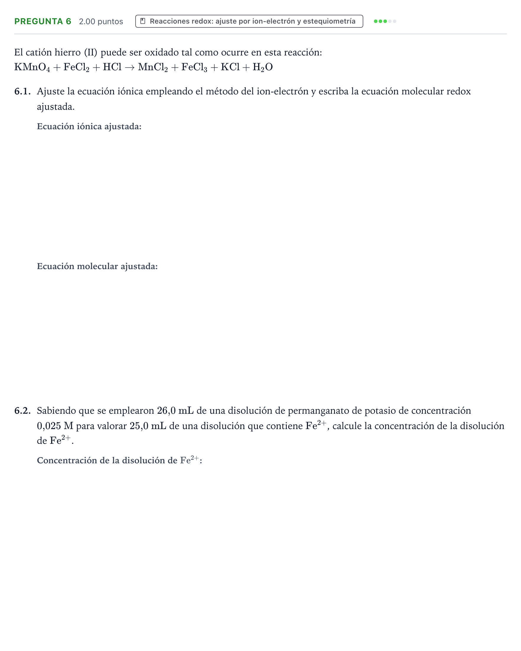 Enunciado: Pregunta 6 · Química PAU Galicia Extraordinaria 2022