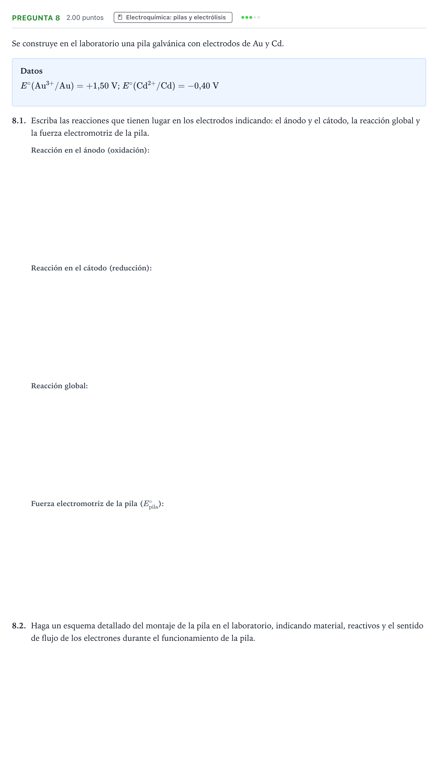 Enunciado: Pregunta 8 · Química PAU Galicia Extraordinaria 2022