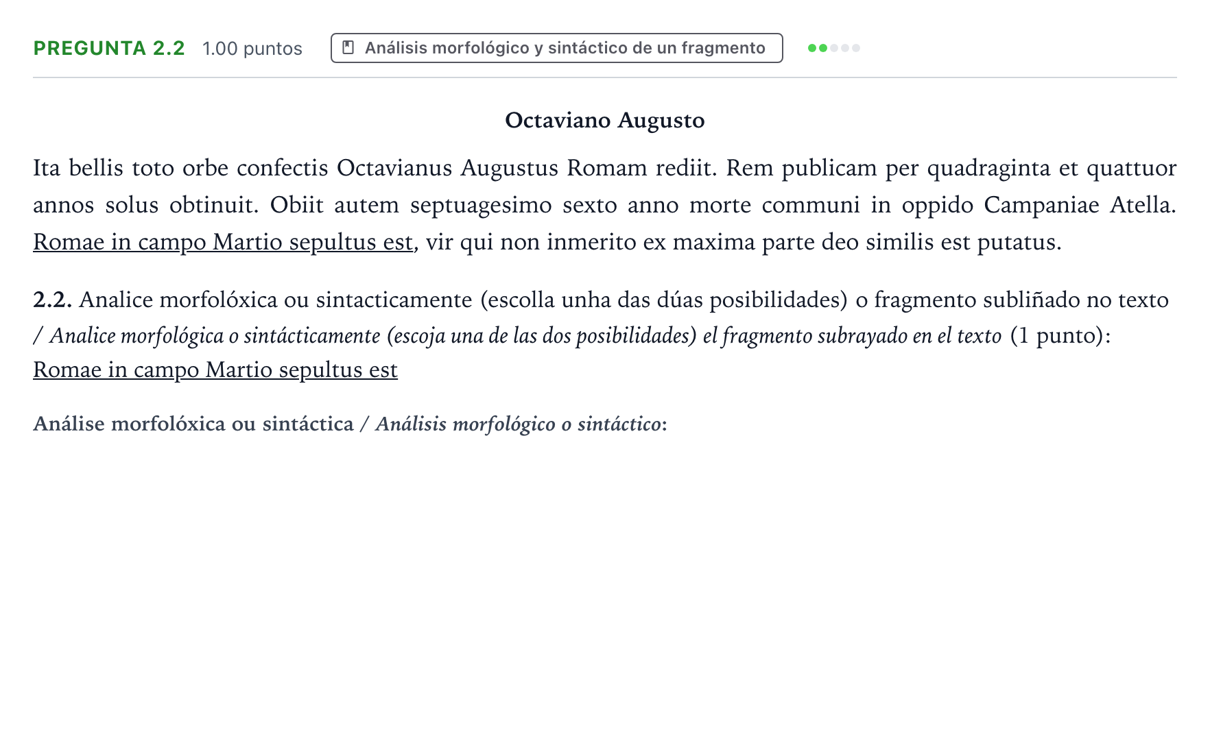 Enunciado: Pregunta 2.2 · Latín II PAU Galicia Ordinaria 2022