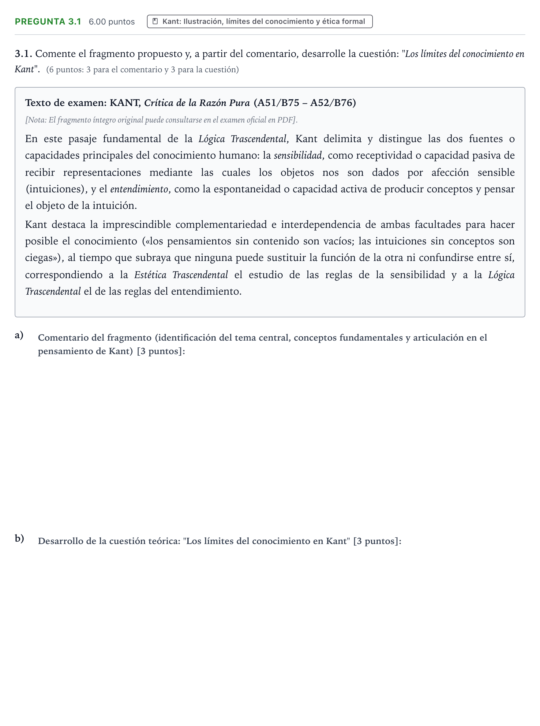 Enunciado: Pregunta 3.1 · Historia de la Filosofía PAU Galicia Ordinaria 2022