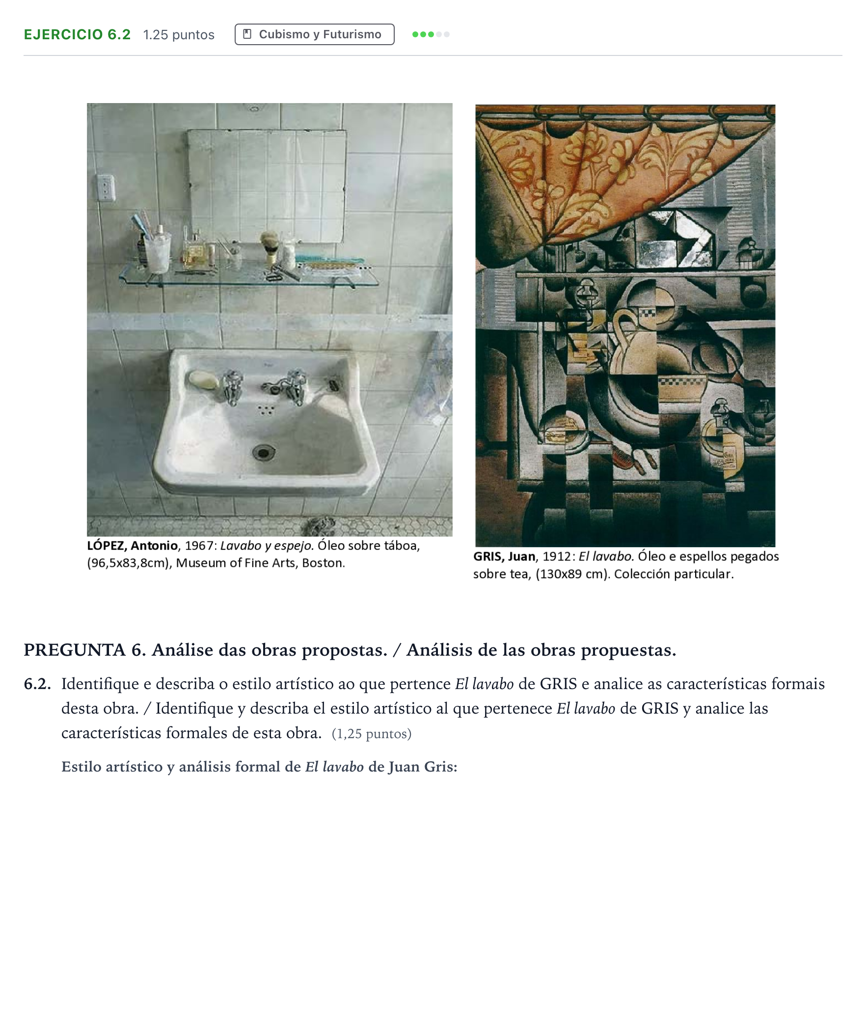 Enunciado: Ejercicio 6.2 - Cubismo y Futurismo · Fundamentos Artísticos PAU Galicia Extraordinaria 2022