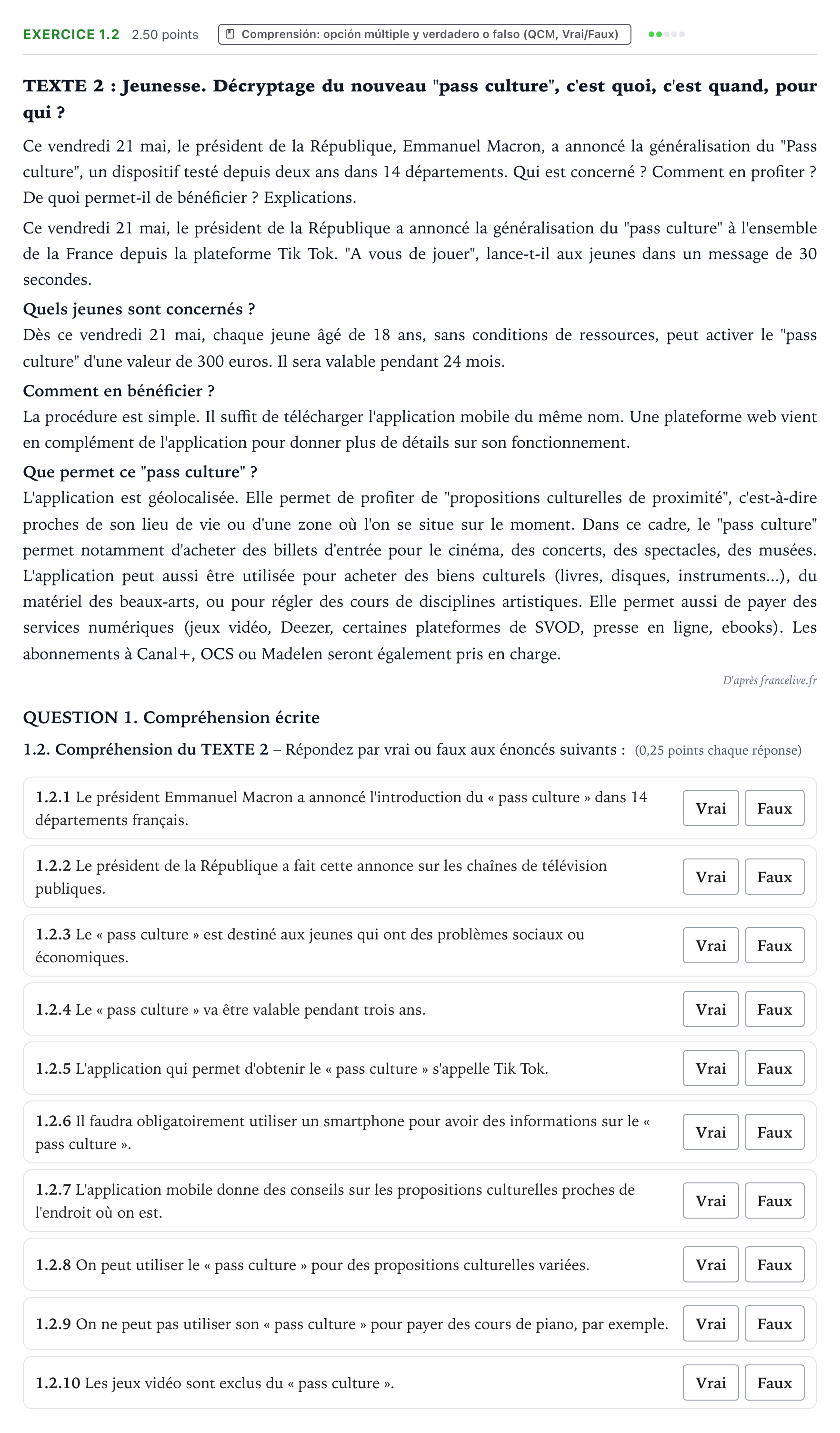Enunciado: Ejercicio 1.2 · Francés PAU Galicia Ordinaria (2ª lengua extranjera) 2022
