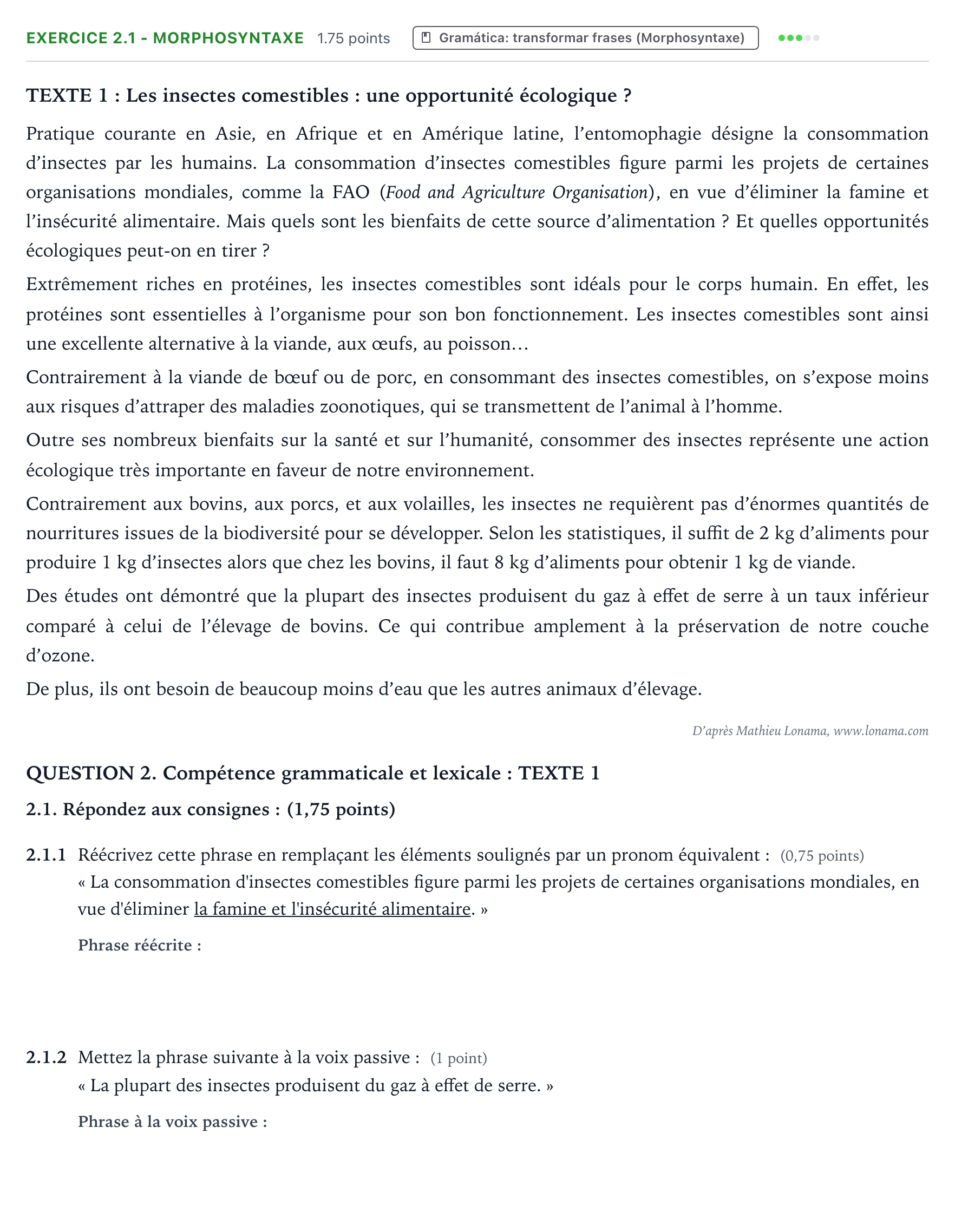 Enunciado: Ejercicio 2.1 - Morphosyntaxe · Francés PAU Galicia Ordinaria (2ª lengua extranjera) 2022