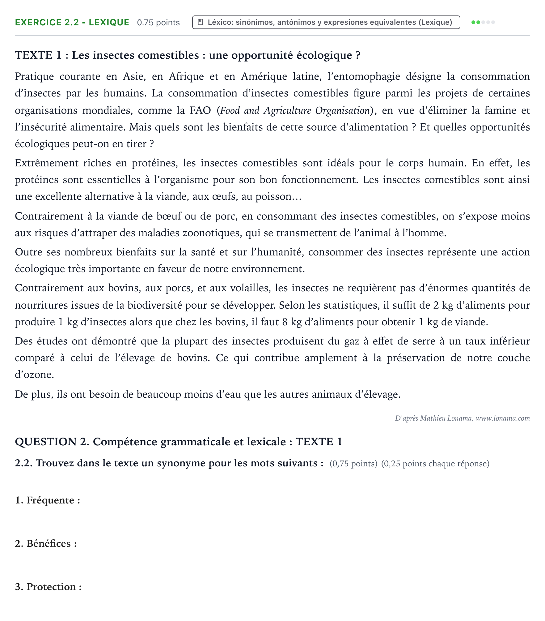 Enunciado: Ejercicio 2.2 - Lexique · Francés PAU Galicia Ordinaria (2ª lengua extranjera) 2022