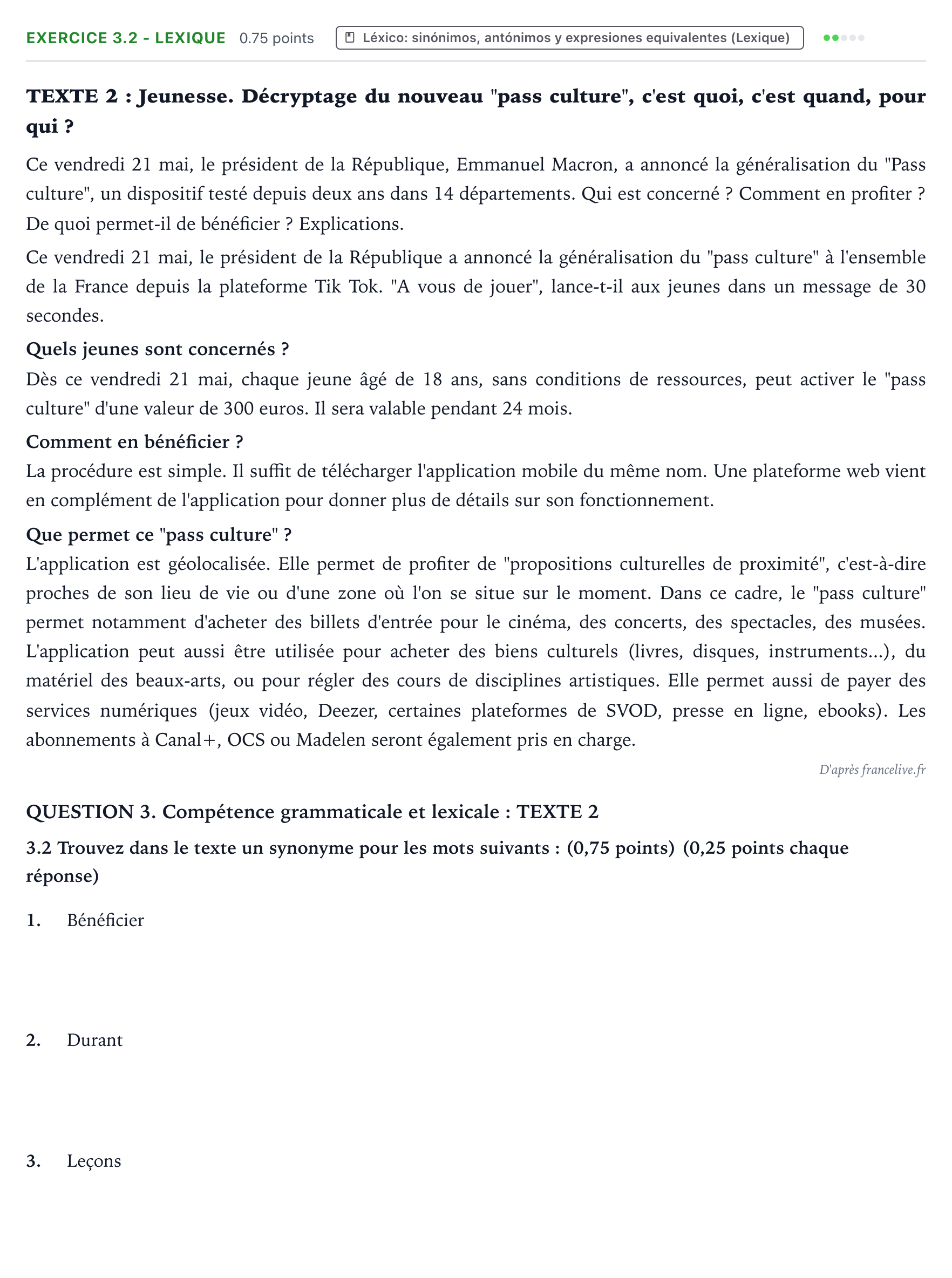 Enunciado: Ejercicio 3.2 - Lexique · Francés PAU Galicia Ordinaria (2ª lengua extranjera) 2022