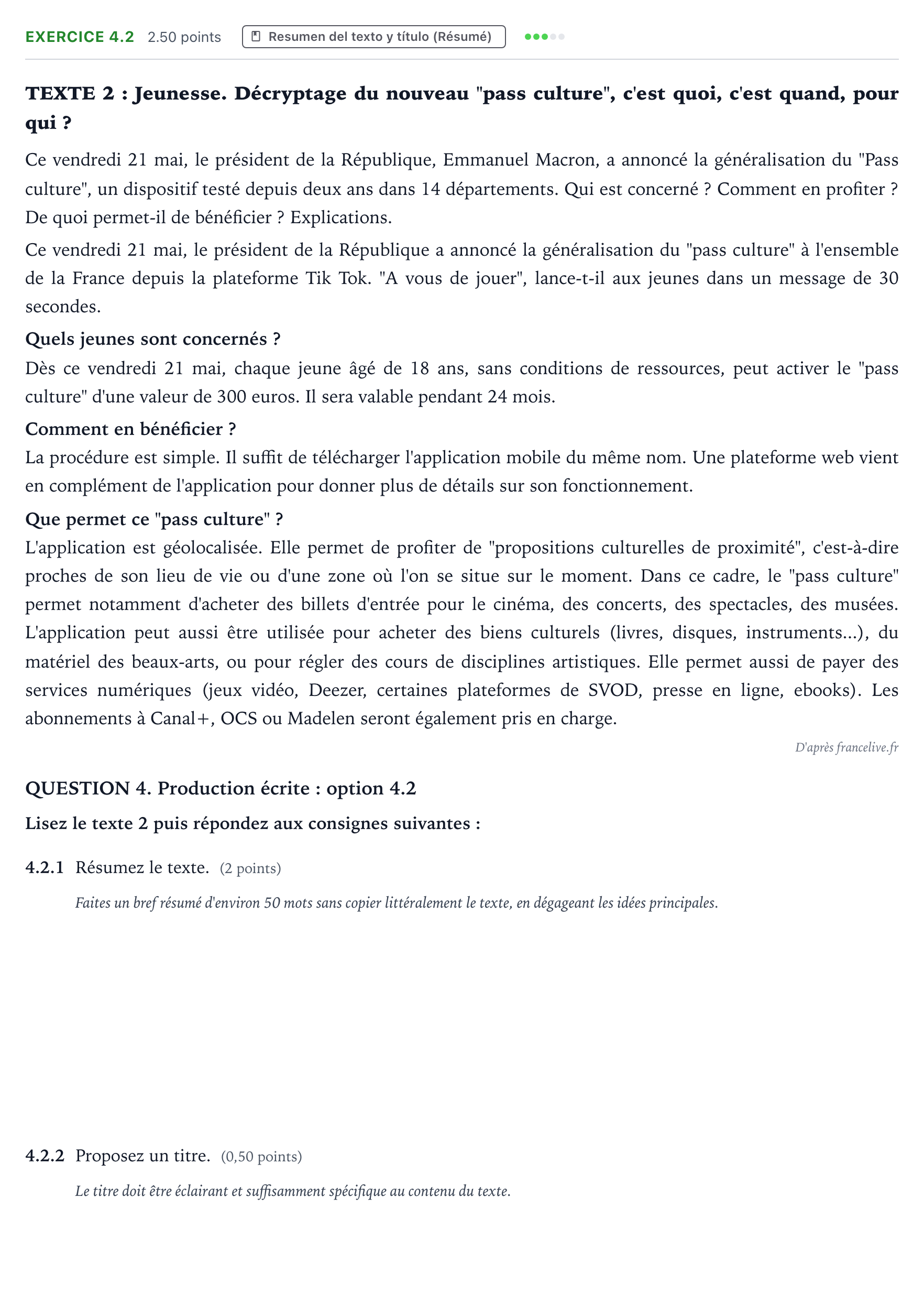 Enunciado: Ejercicio 4.2 · Francés PAU Galicia Ordinaria (2ª lengua extranjera) 2022