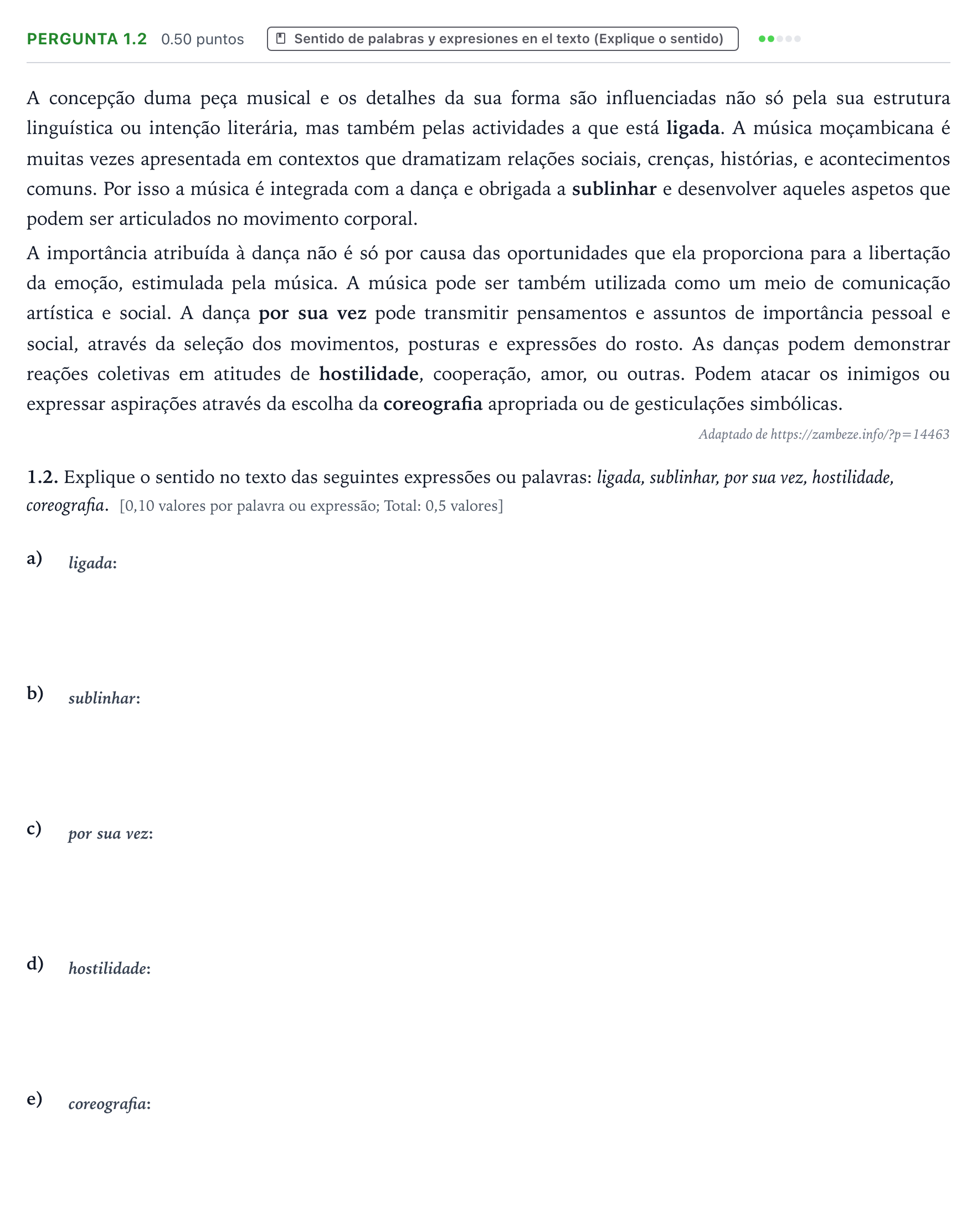 Enunciado: Ejercicio Pergunta 1.2 · Portugués PAU Galicia Ordinaria (2ª lengua extranjera) 2022