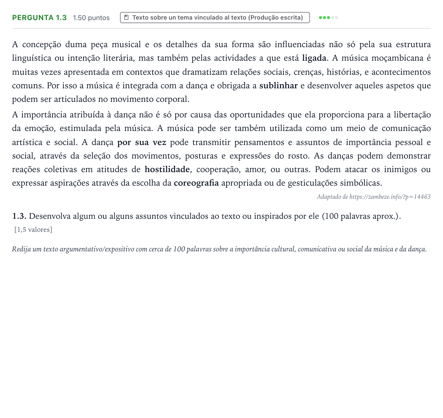 Enunciado: Ejercicio Pergunta 1.3 · Portugués PAU Galicia Ordinaria (2ª lengua extranjera) 2022