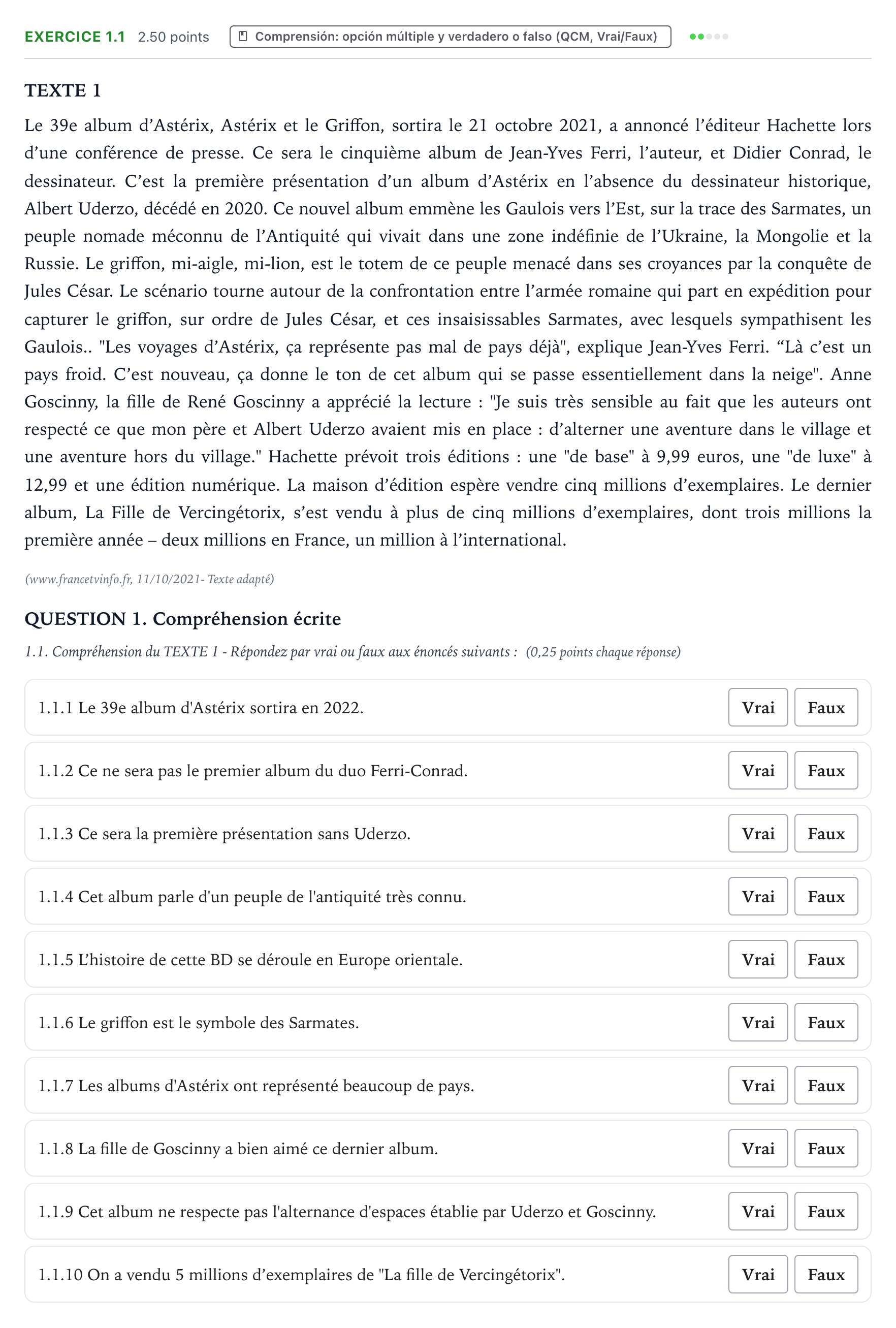 Enunciado: Ejercicio 1.1 · Francés PAU Galicia Extraordinaria (2ª lengua extranjera) 2022