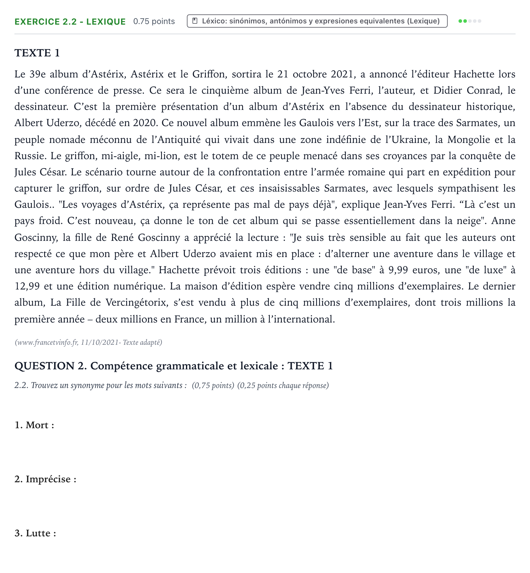 Enunciado: Ejercicio 2.2 - Lexique · Francés PAU Galicia Extraordinaria (2ª lengua extranjera) 2022