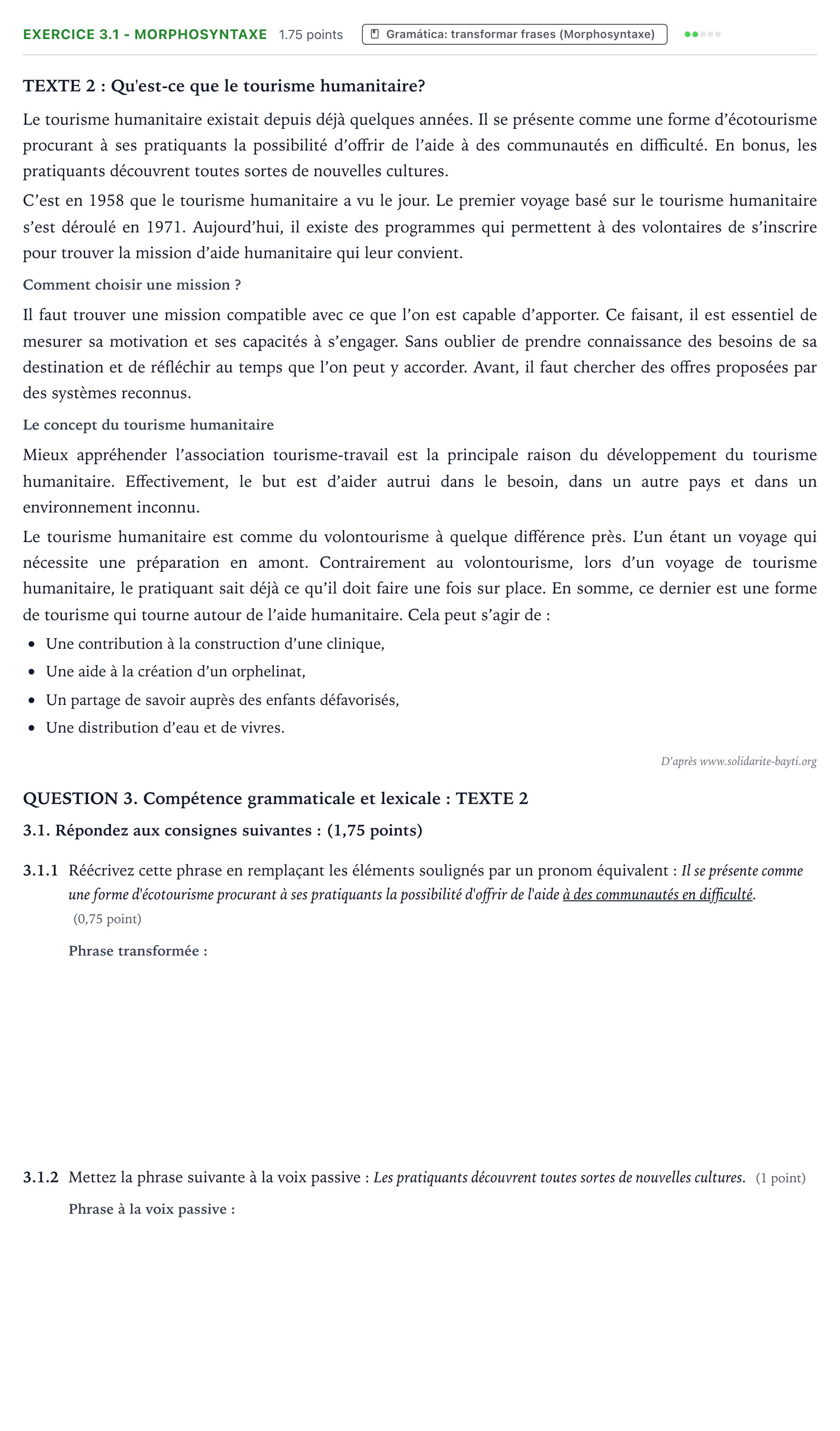 Enunciado: Ejercicio 3.1 - Morphosyntaxe · Francés PAU Galicia Extraordinaria (2ª lengua extranjera) 2022