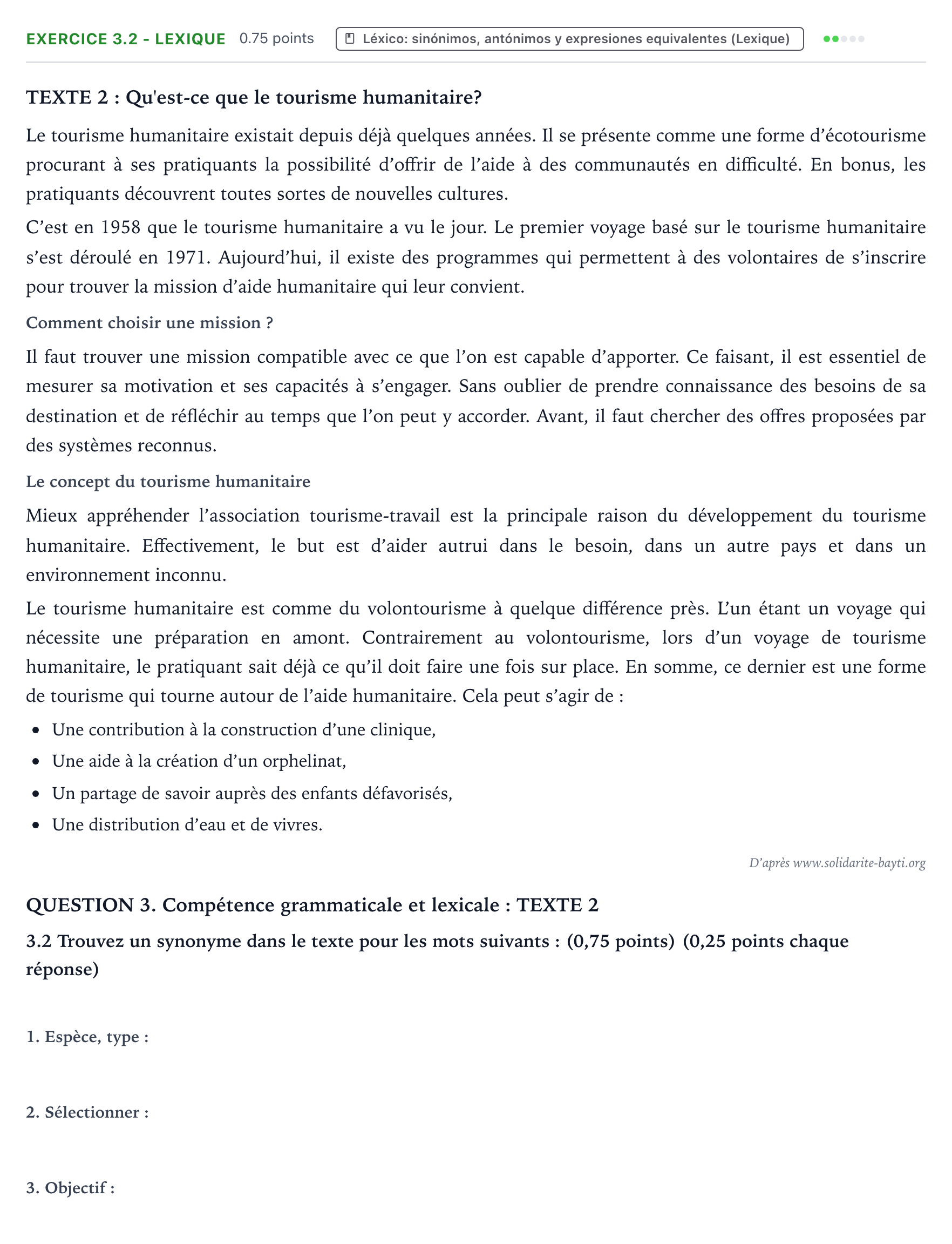 Enunciado: Ejercicio 3.2 - Lexique · Francés PAU Galicia Extraordinaria (2ª lengua extranjera) 2022