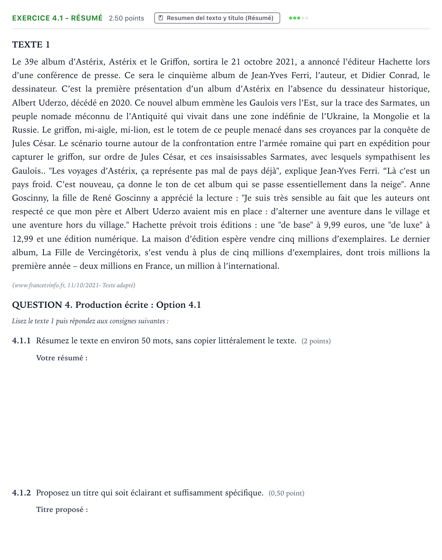 Enunciado: Ejercicio 4.1 - Résumé · Francés PAU Galicia Extraordinaria (2ª lengua extranjera) 2022