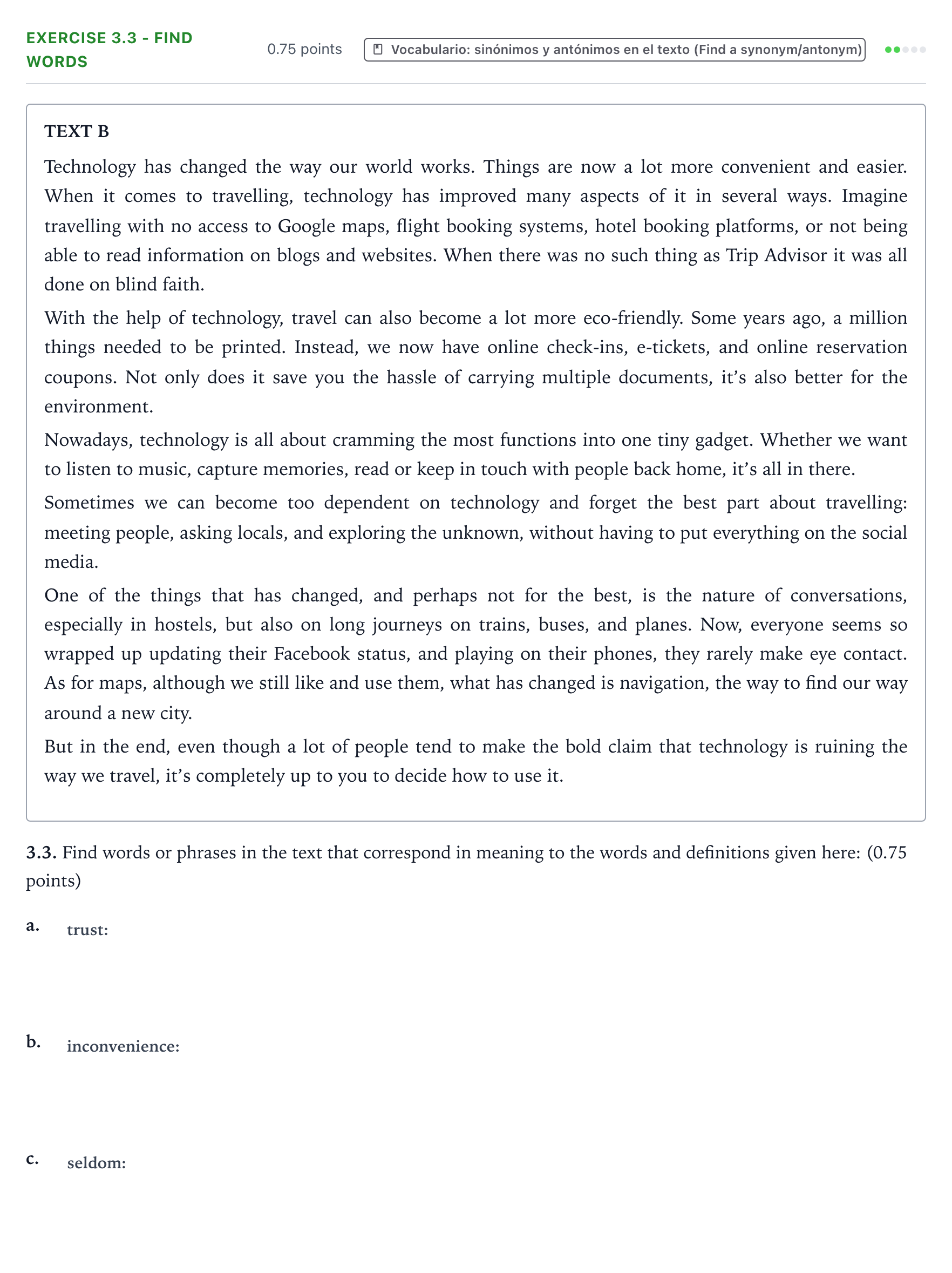 Enunciado: Ejercicio 3.3 - Find words · Inglés PAU Galicia Extraordinaria (2ª lengua extranjera) 2022