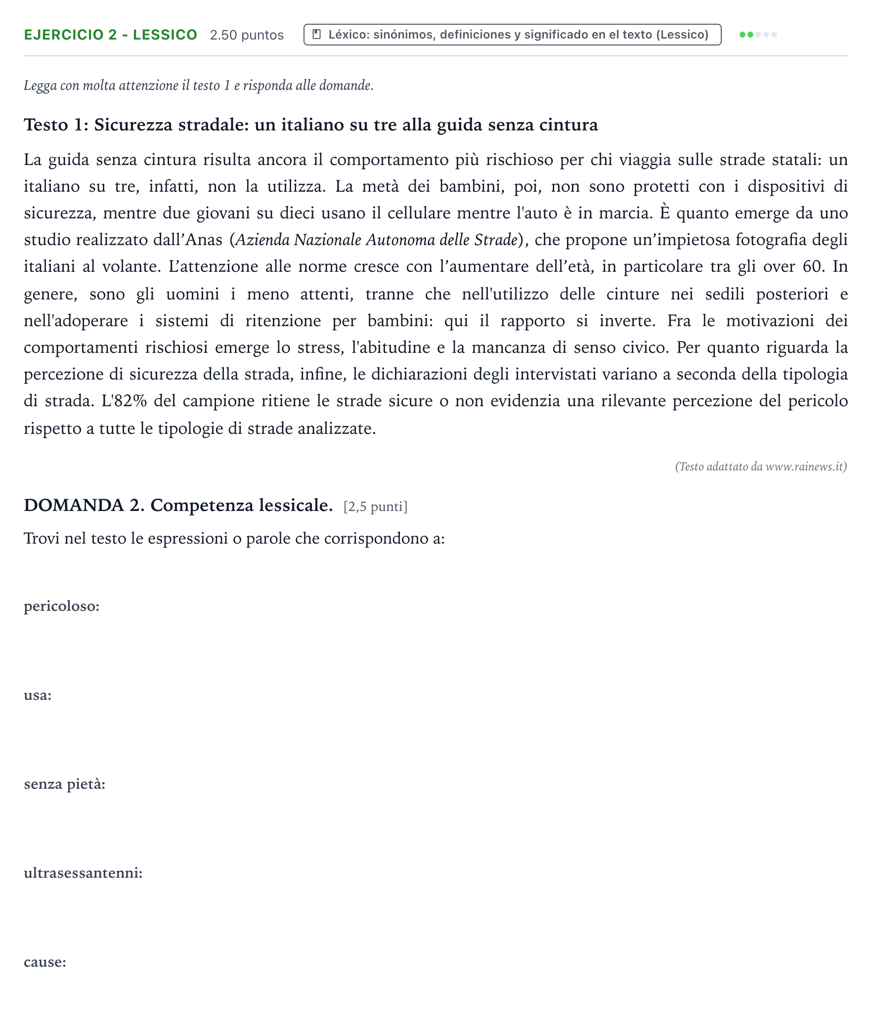 Enunciado: Ejercicio 2 - Lessico · Italiano PAU Galicia Extraordinaria (2ª lengua extranjera) 2022