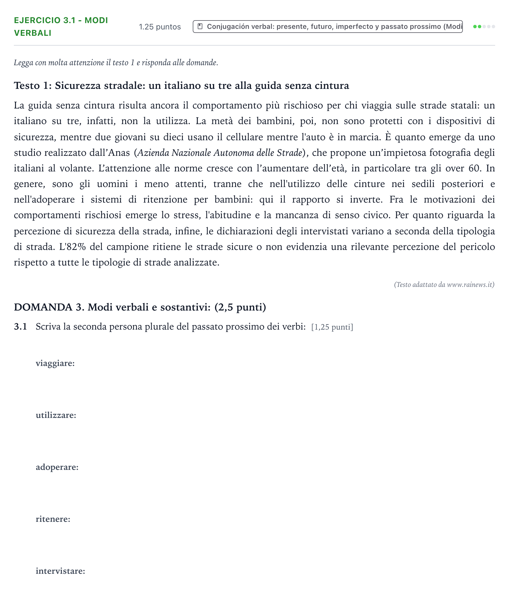 Enunciado: Ejercicio 3.1 - Modi verbali · Italiano PAU Galicia Extraordinaria (2ª lengua extranjera) 2022