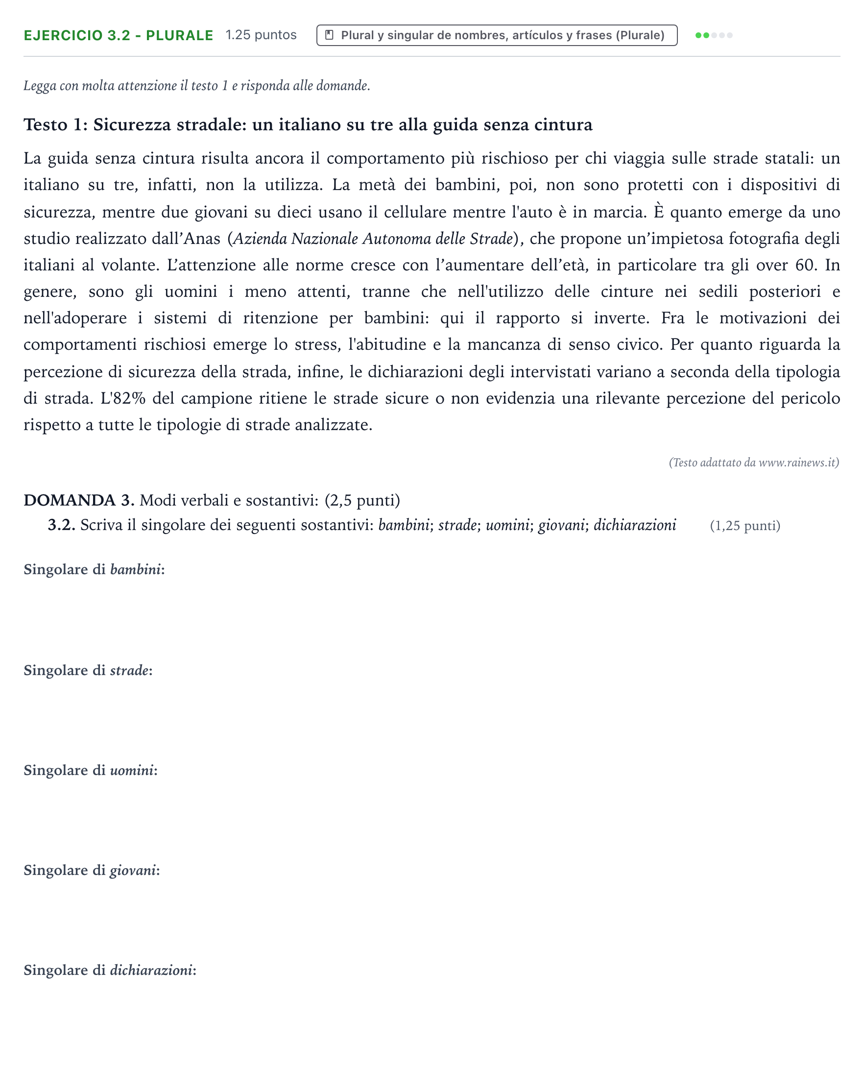 Enunciado: Ejercicio 3.2 - Plurale · Italiano PAU Galicia Extraordinaria (2ª lengua extranjera) 2022