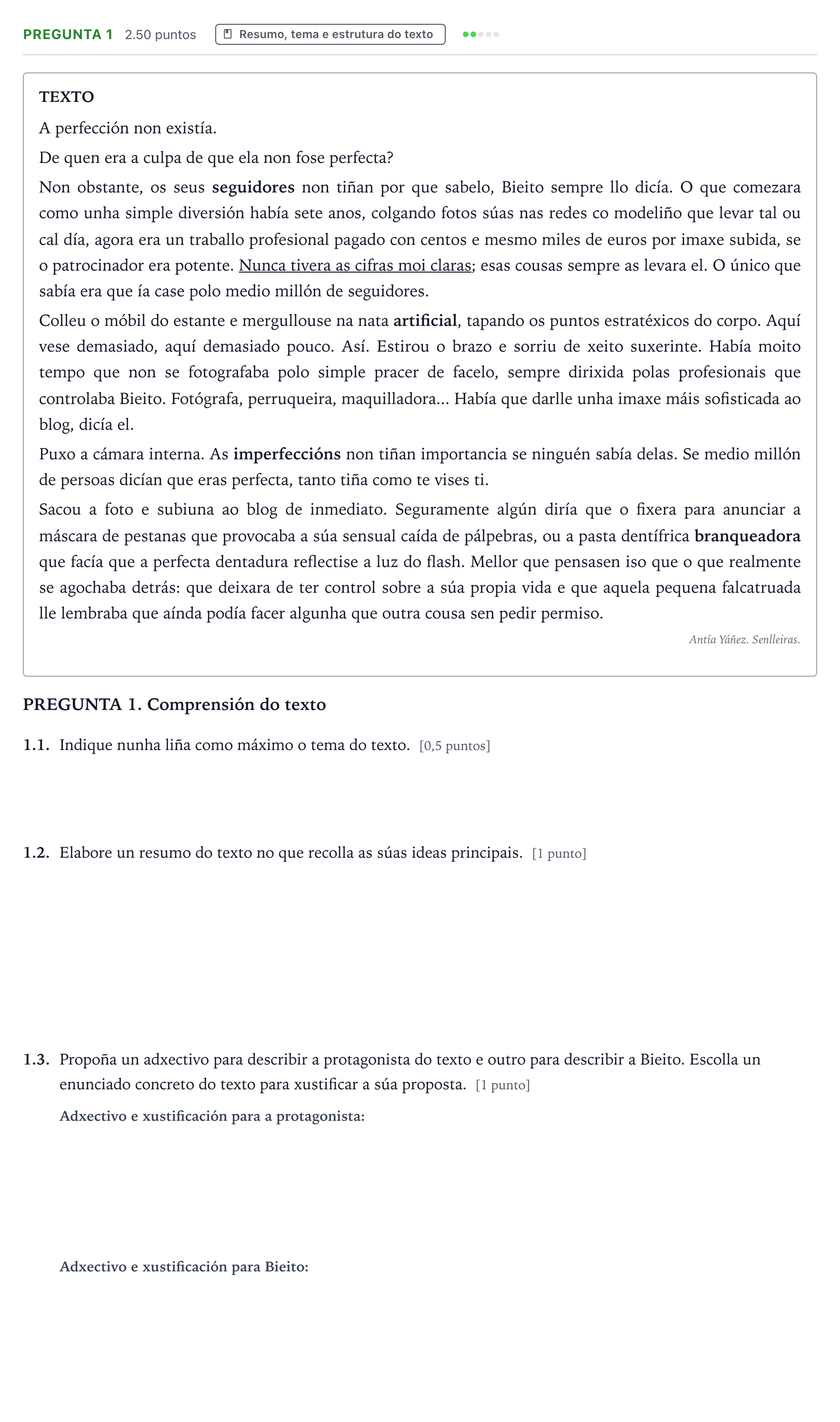 Enunciado: Pregunta 1 · Lingua Galega e Literatura II PAU Galicia Ordinaria 2021