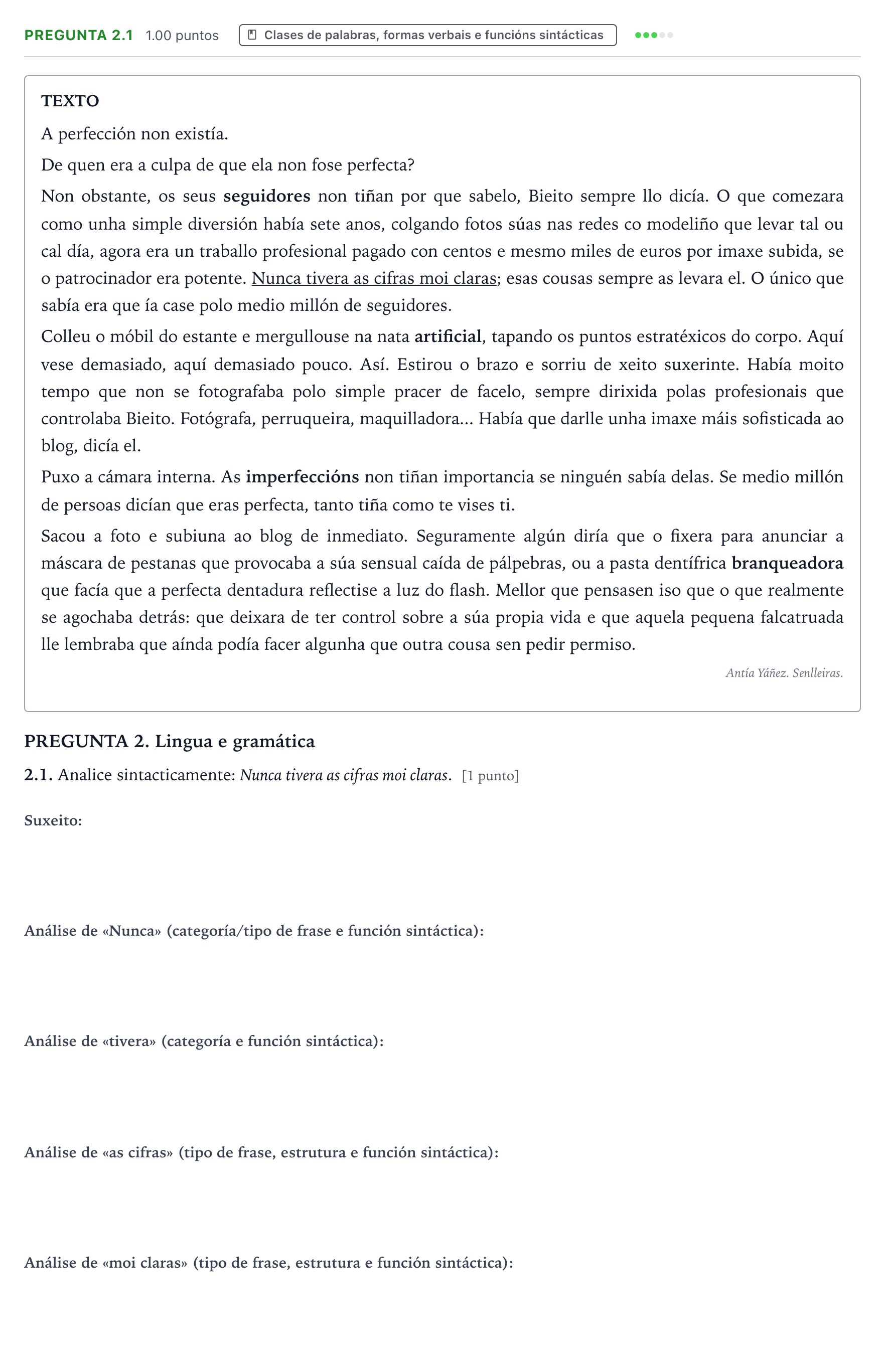 Enunciado: Pregunta 2.1 · Lingua Galega e Literatura II PAU Galicia Ordinaria 2021