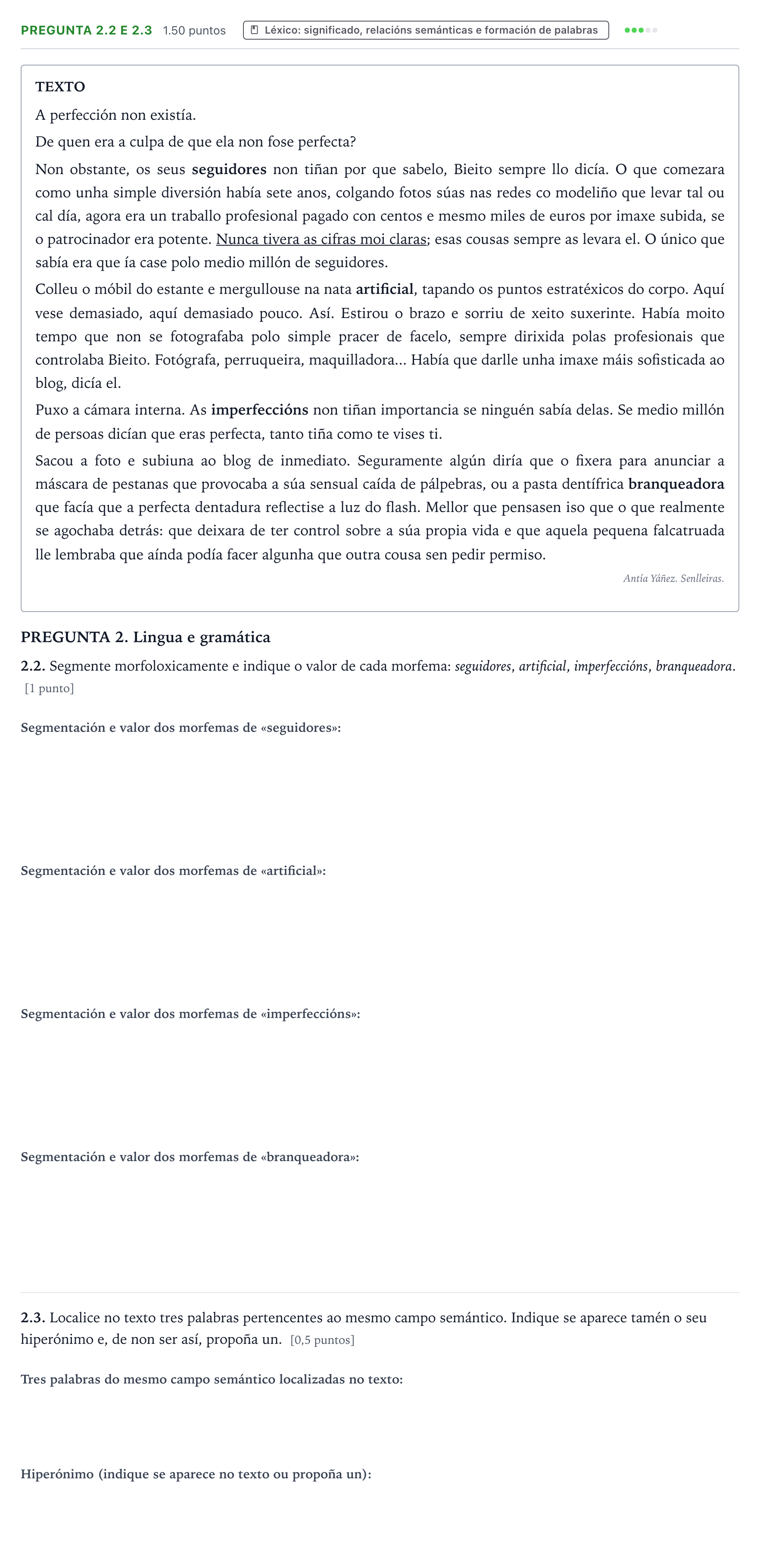 Enunciado: Pregunta 2.2 e 2.3 · Lingua Galega e Literatura II PAU Galicia Ordinaria 2021