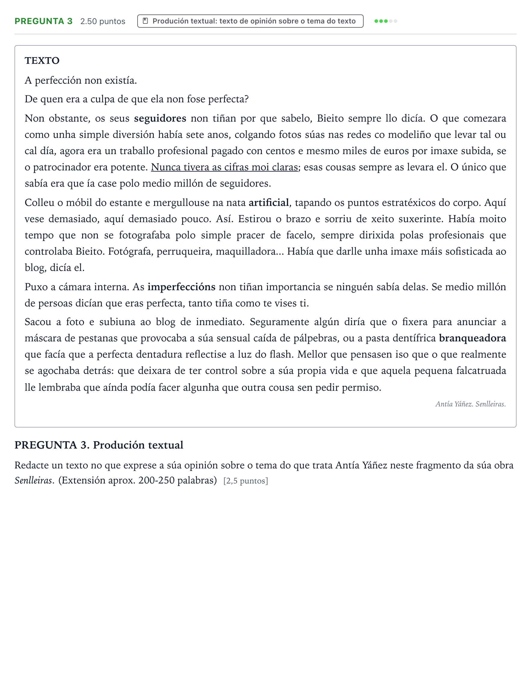Enunciado: Pregunta 3 · Lingua Galega e Literatura II PAU Galicia Ordinaria 2021