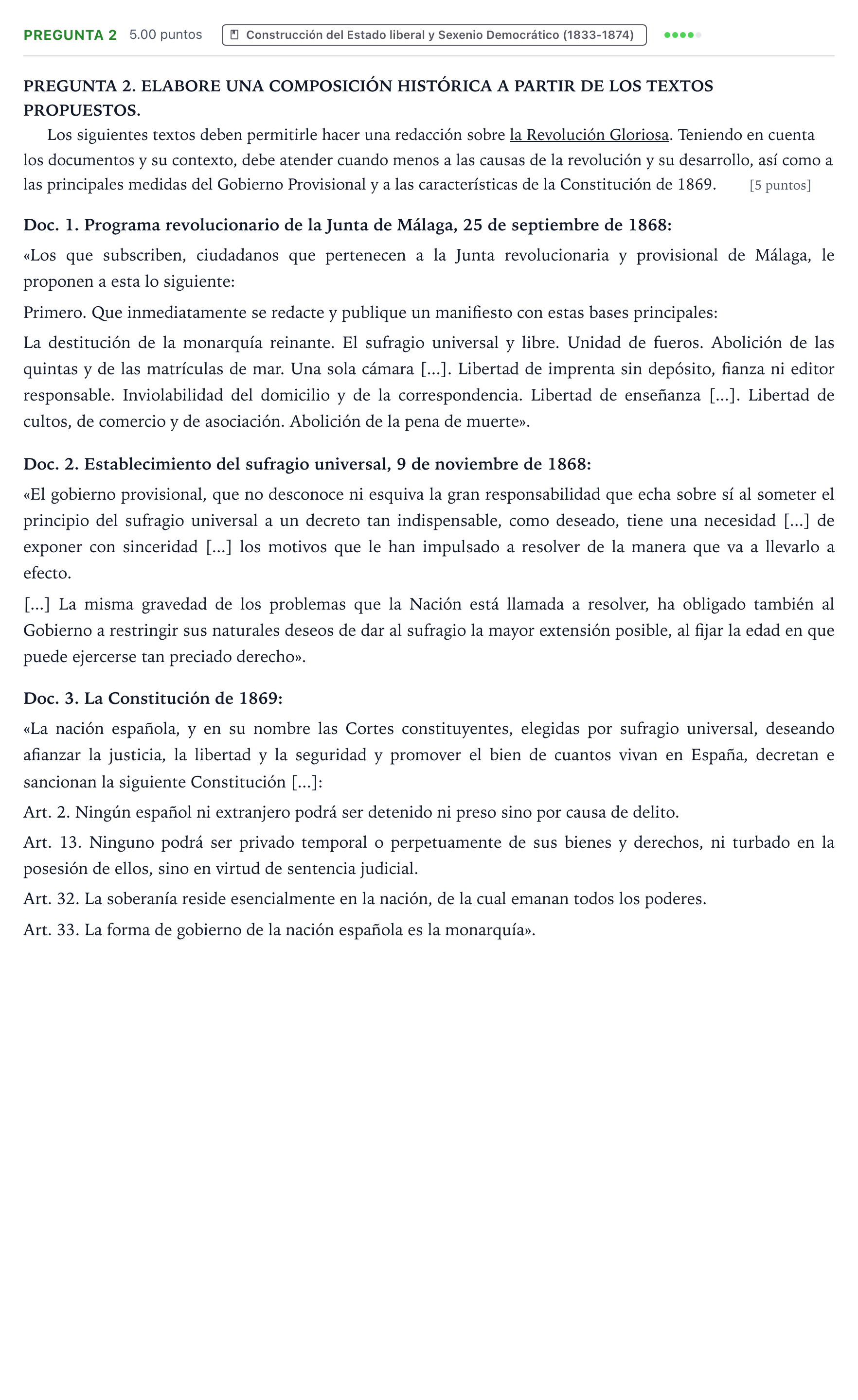 Enunciado: Pregunta 2 · Historia de España PAU Galicia Ordinaria 2021