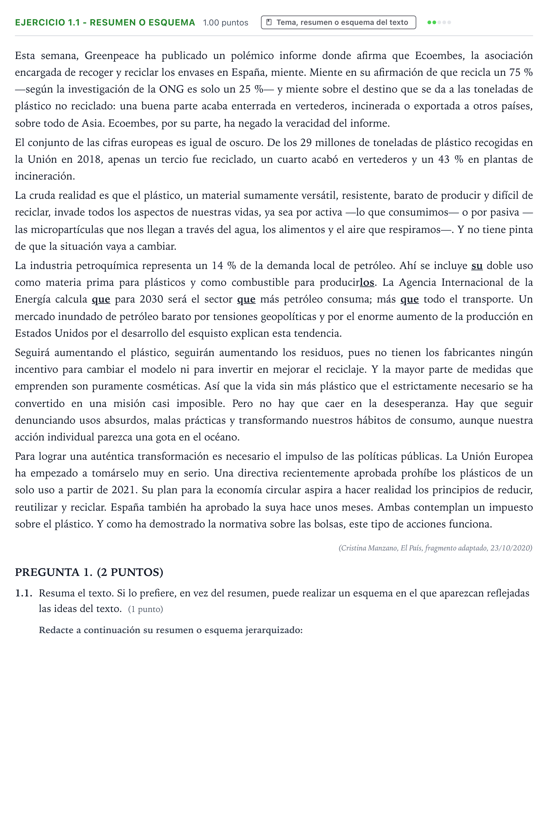 Enunciado: Ejercicio 1.1 - Resumen o esquema · Lengua Castellana y Literatura II PAU Galicia Ordinaria 2021