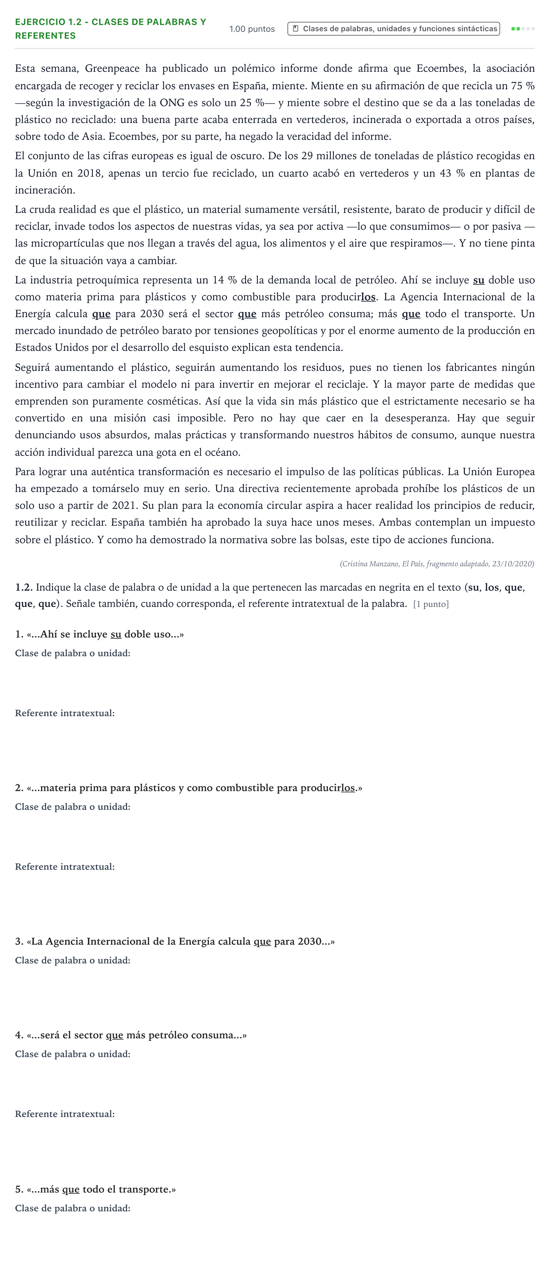 Enunciado: Ejercicio 1.2 - Clases de palabras y referentes · Lengua Castellana y Literatura II PAU Galicia Ordinaria 2021