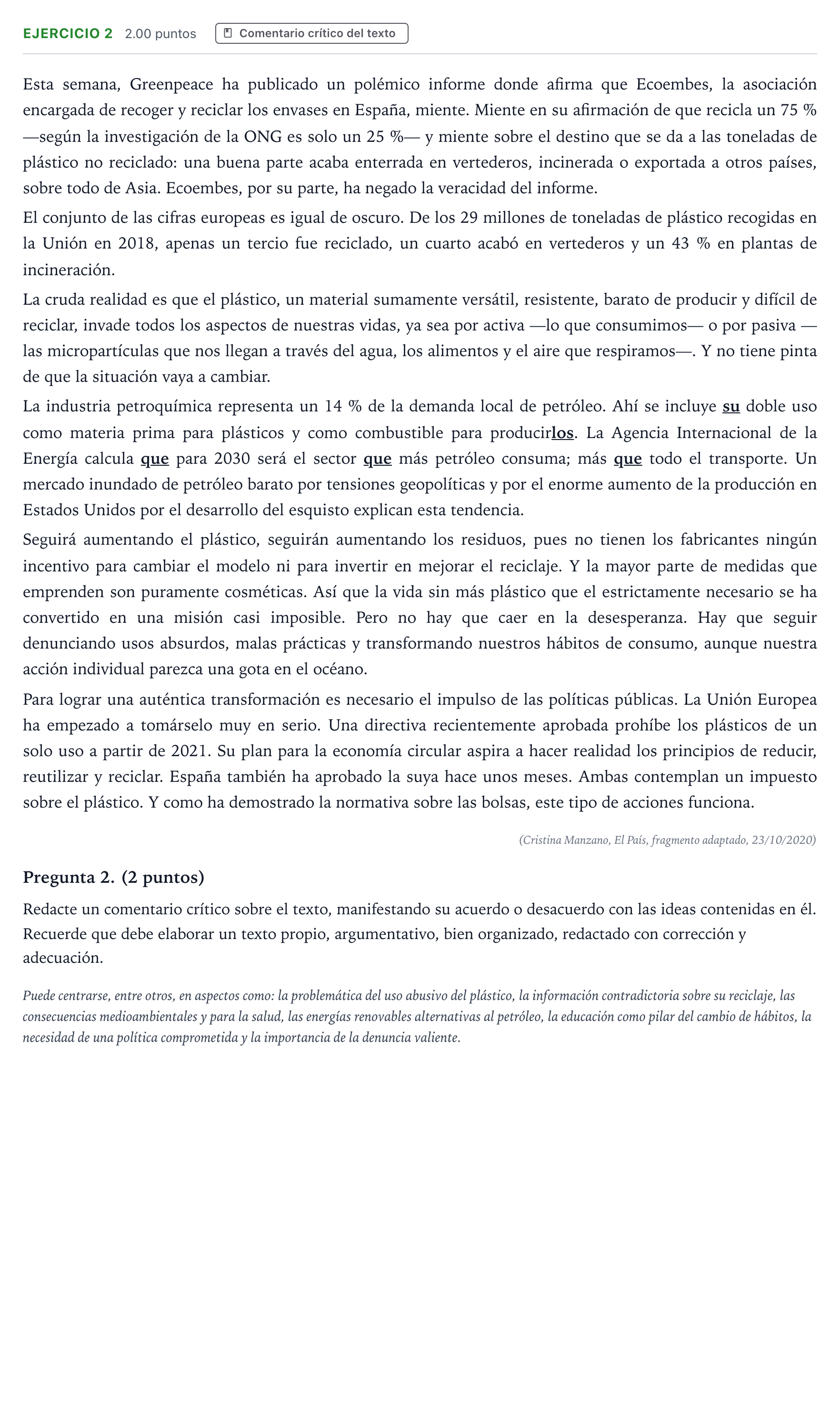 Enunciado: Problema 2 · Lengua Castellana y Literatura II PAU Galicia Ordinaria 2021