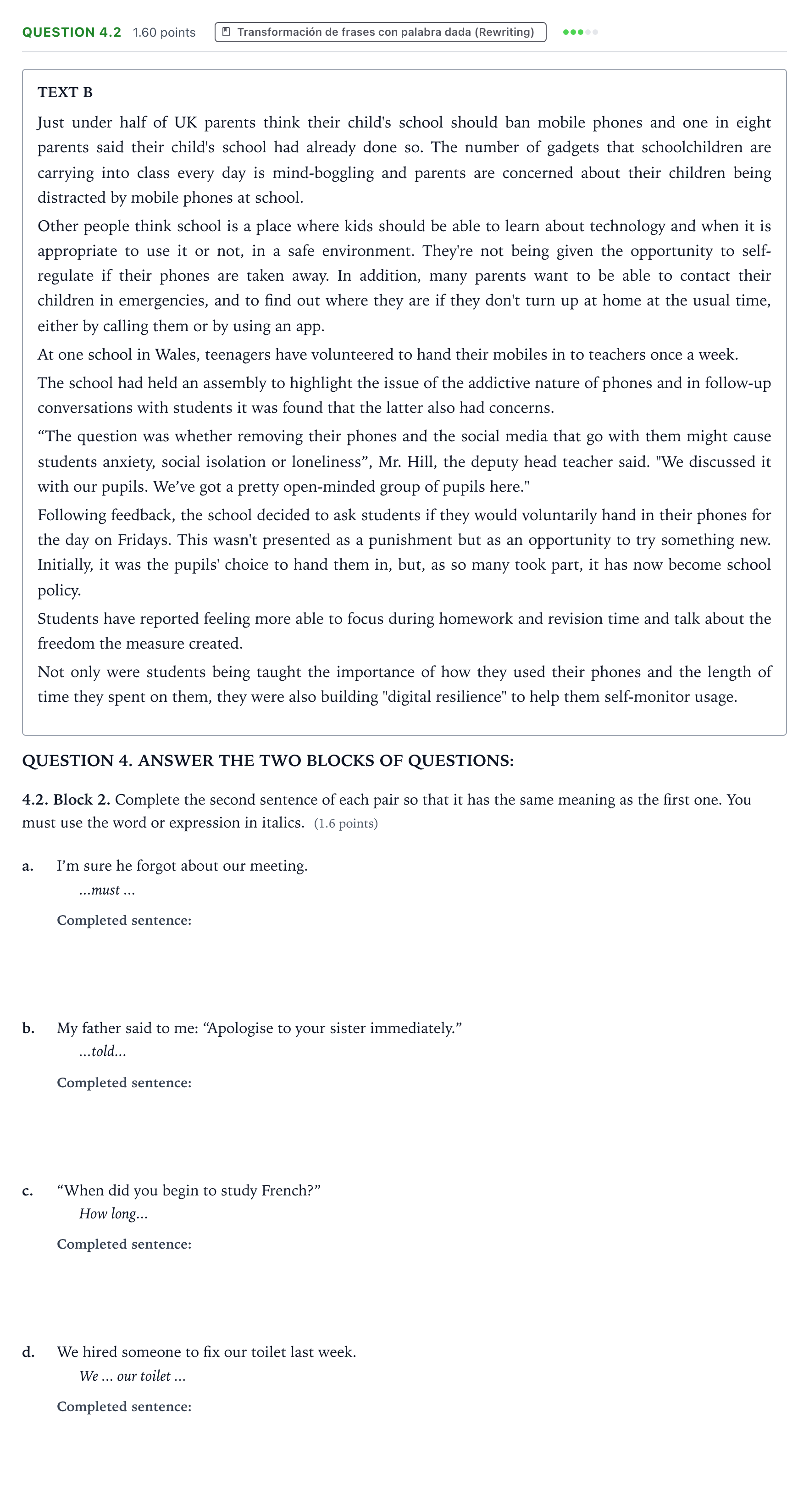 Enunciado: Question 4.2 · Inglés PAU Galicia Ordinaria 2021