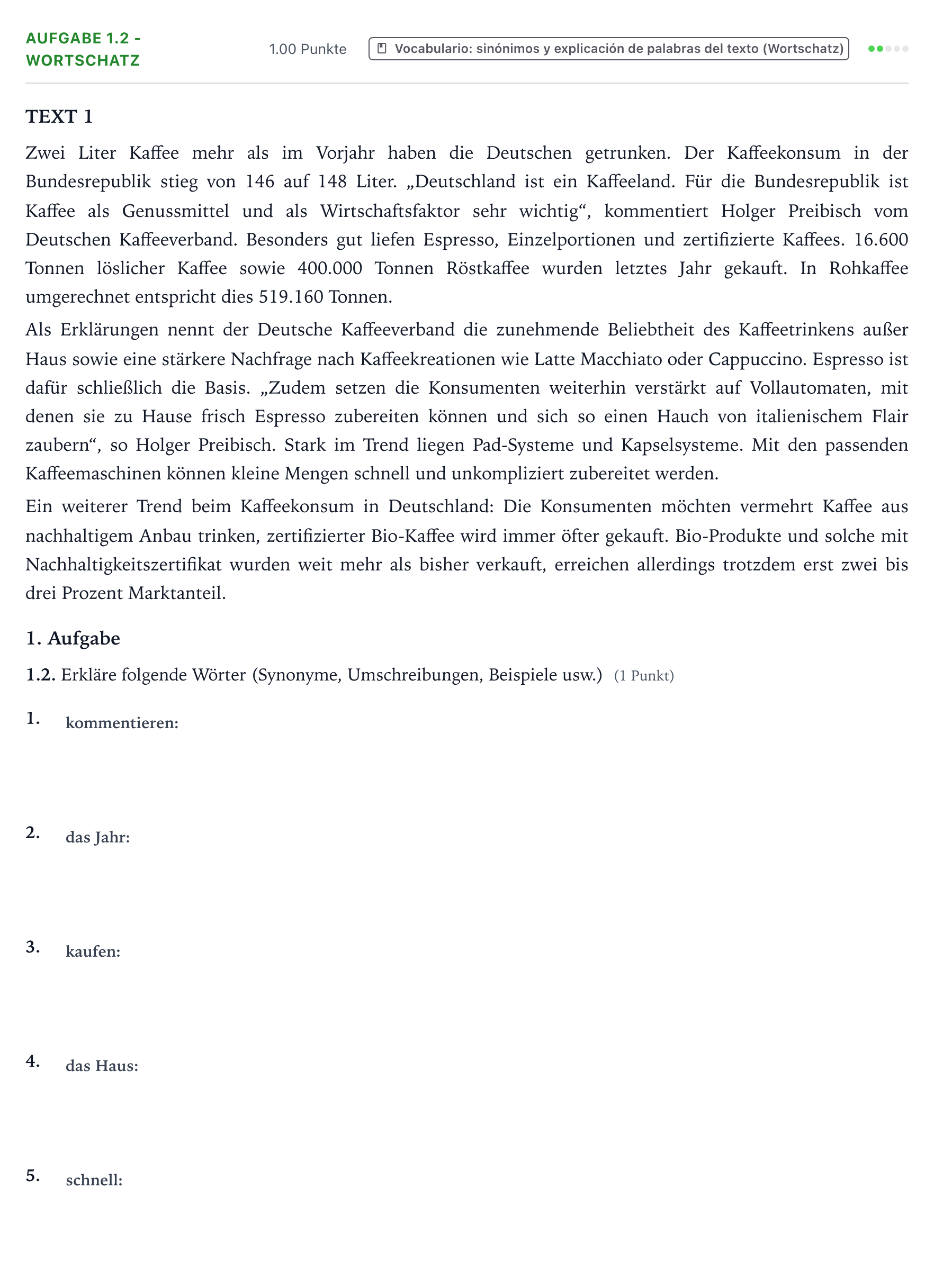 Enunciado: Ejercicio 1.2 - Wortschatz · Alemán PAU Galicia Extraordinaria 2021