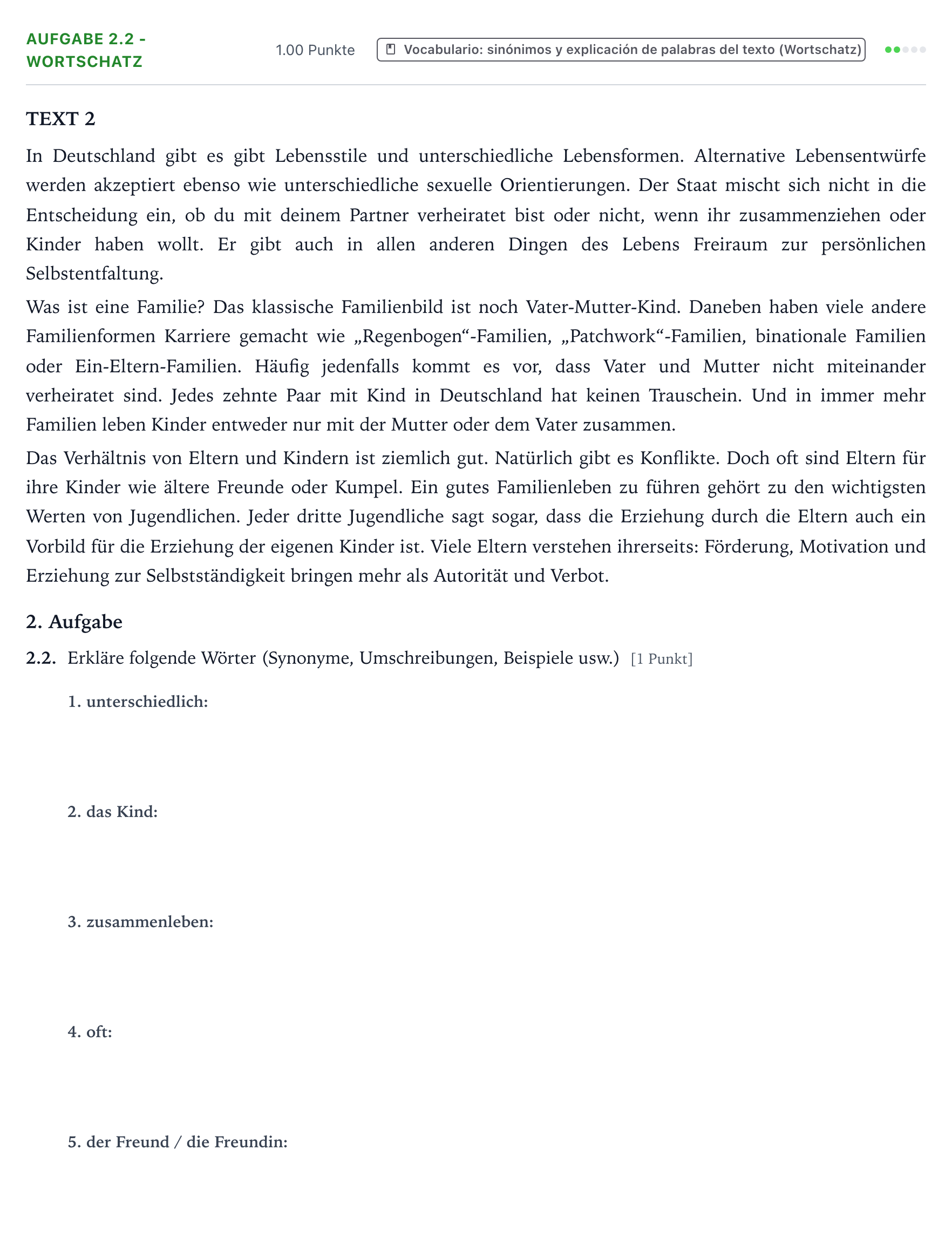 Enunciado: Ejercicio 2.2 - Wortschatz · Alemán PAU Galicia Extraordinaria 2021