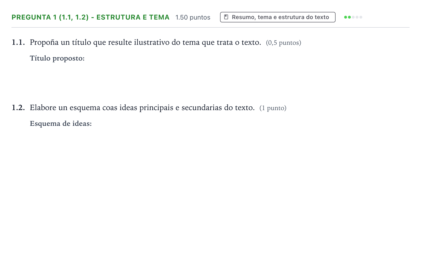 Enunciado: Pregunta 1 (1.1, 1.2) - Estrutura e tema · Lingua Galega e Literatura II PAU Galicia Extraordinaria 2021