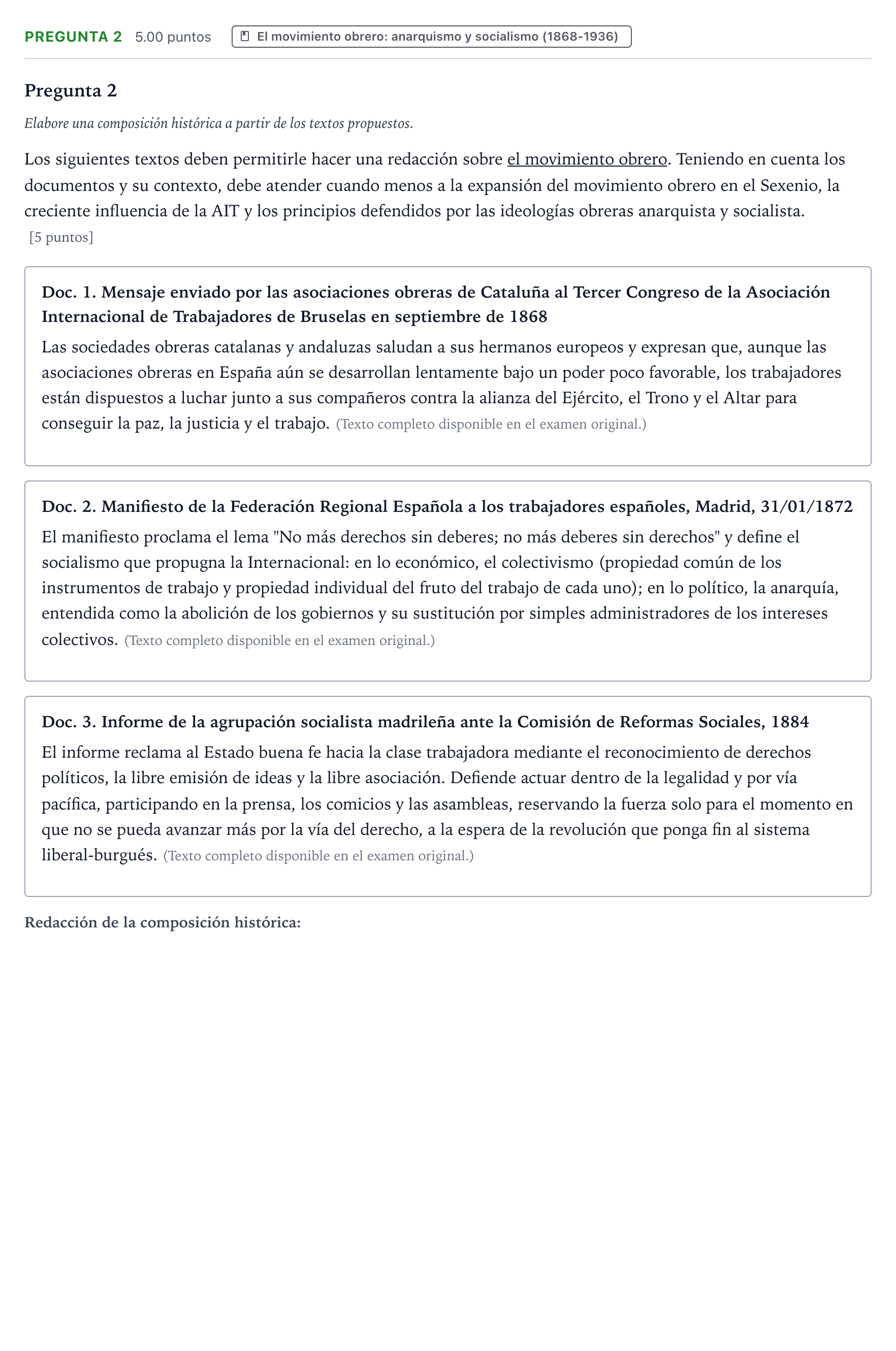Enunciado: Pregunta 2 · Historia de España PAU Galicia Extraordinaria 2021