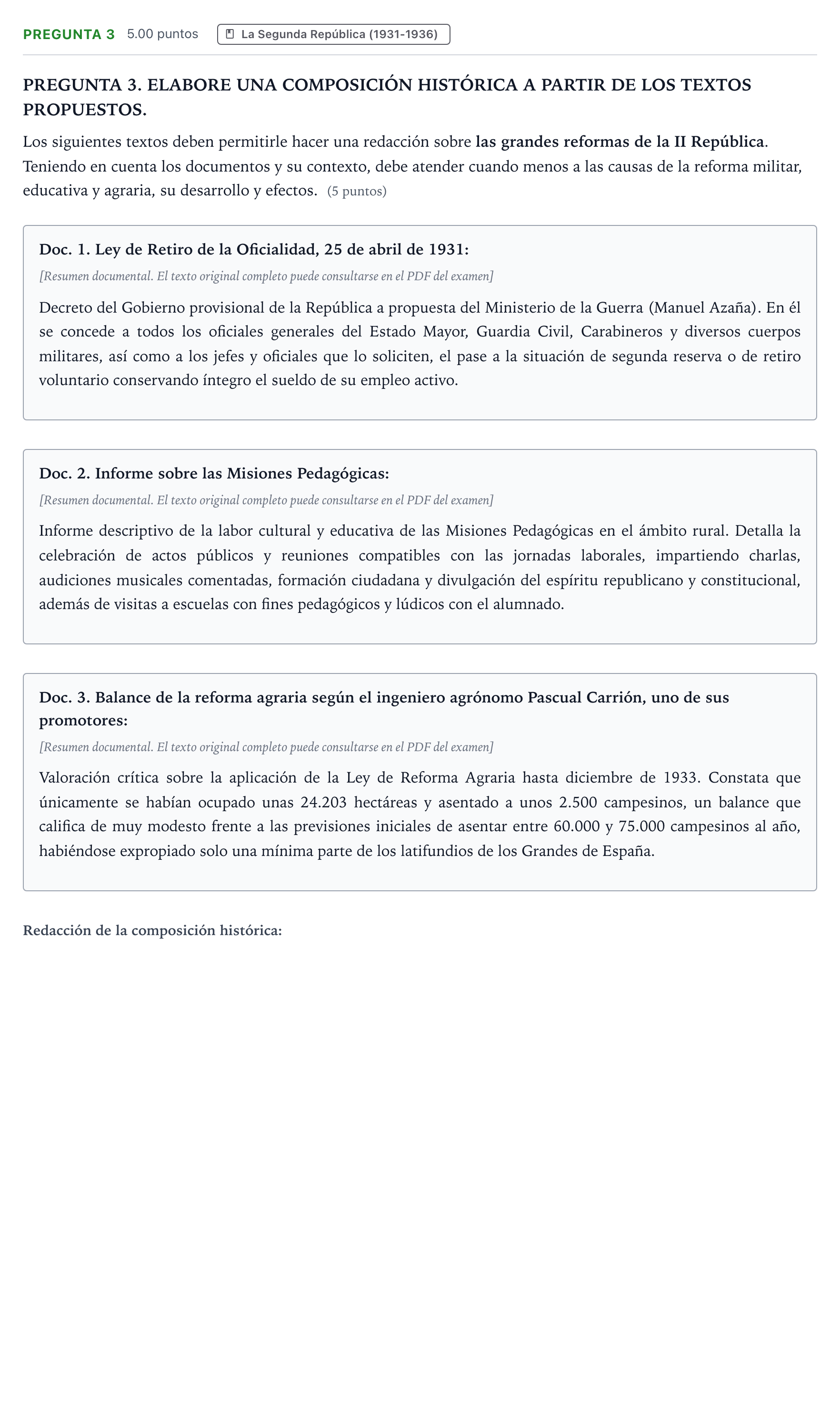 Enunciado: Pregunta 3 · Historia de España PAU Galicia Extraordinaria 2021