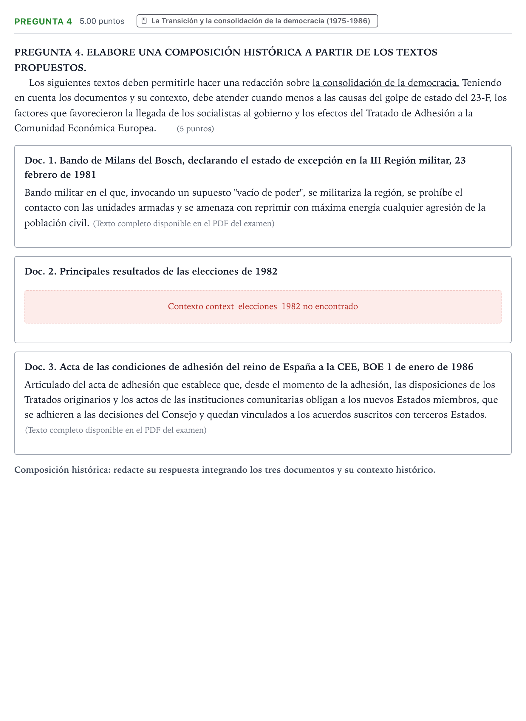 Enunciado: Pregunta 4 · Historia de España PAU Galicia Extraordinaria 2021