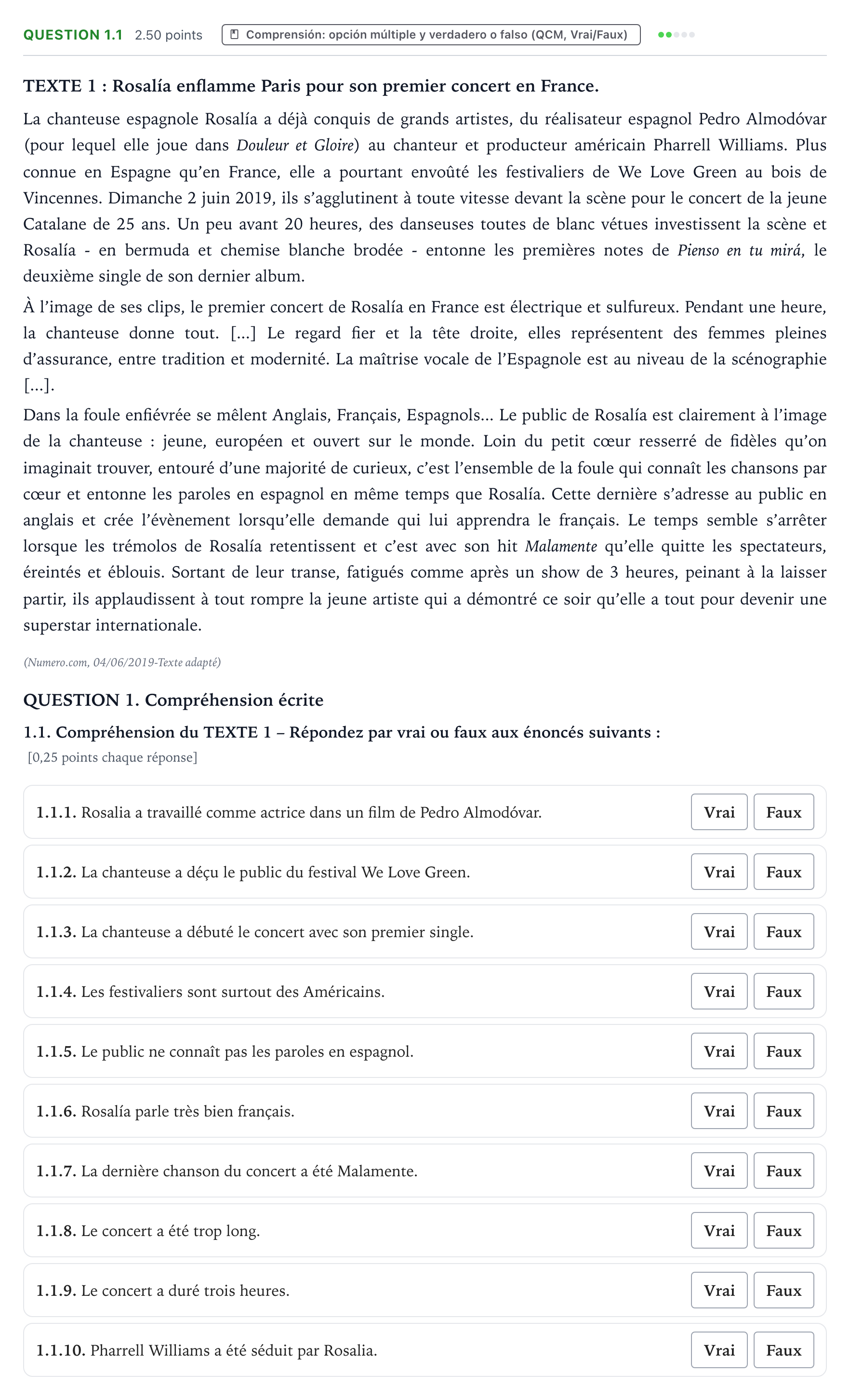 Enunciado: Question 1.1 · Francés PAU Galicia Extraordinaria 2021