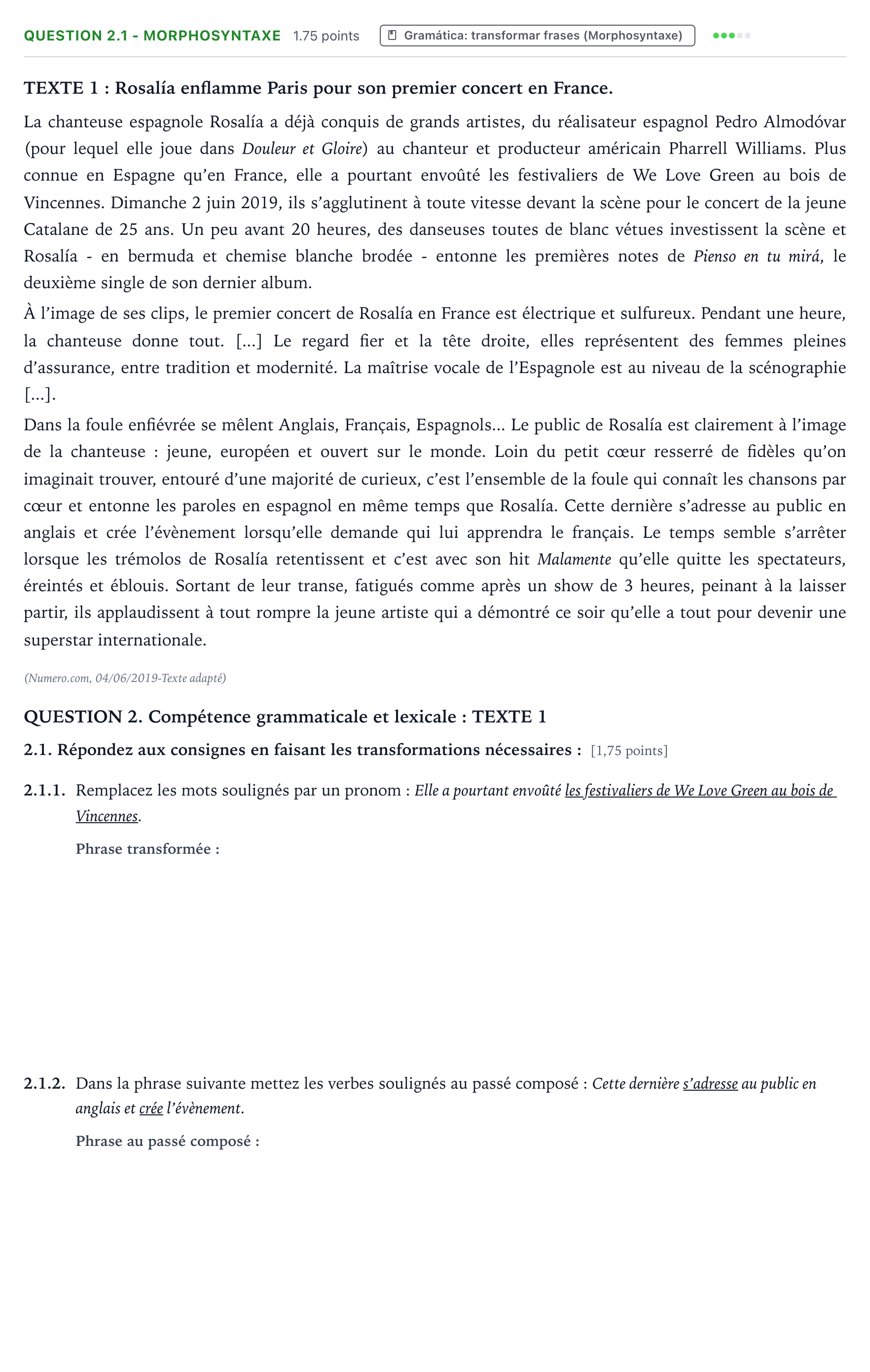 Enunciado: Question 2.1 - Morphosyntaxe · Francés PAU Galicia Extraordinaria 2021