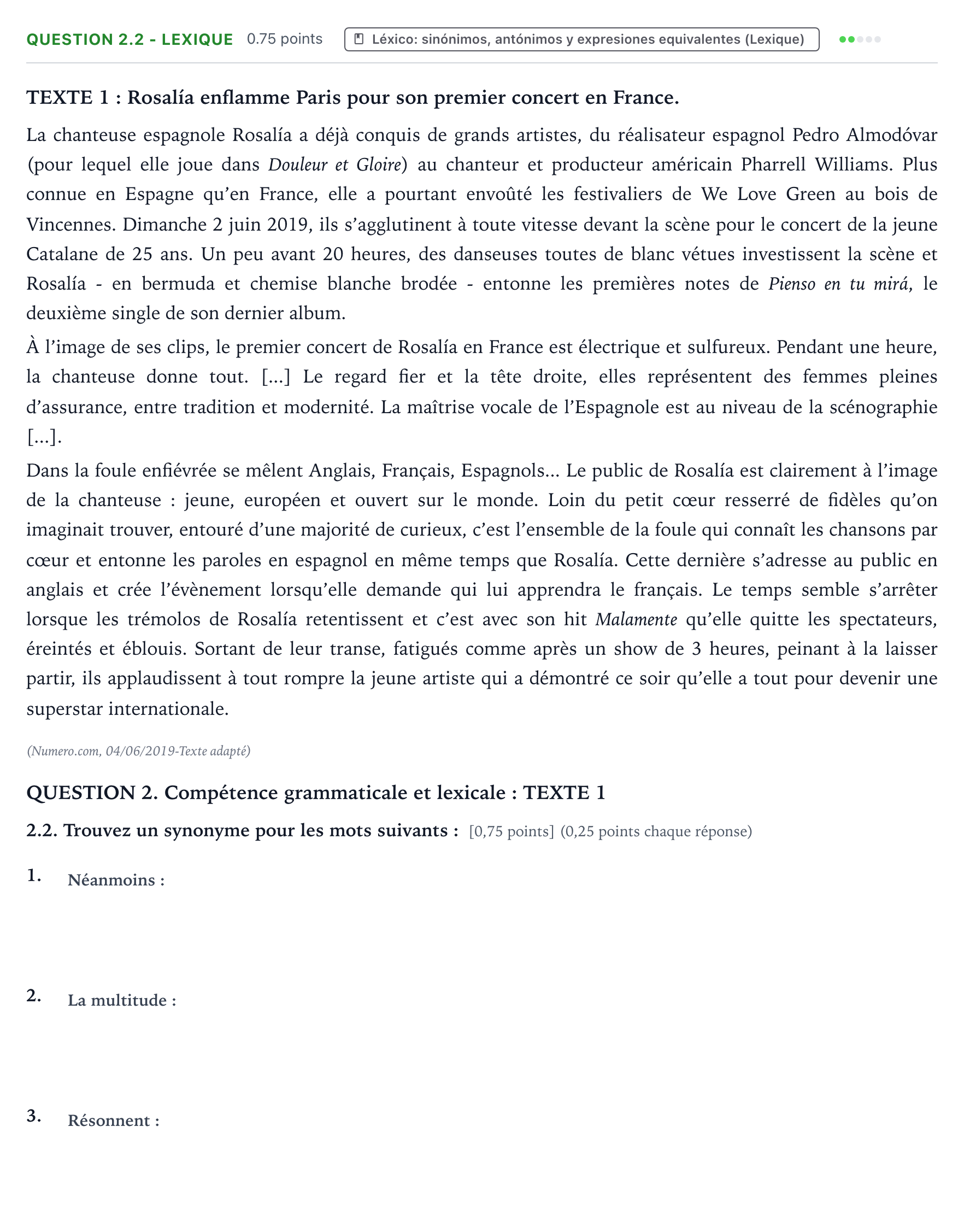 Enunciado: Question 2.2 - Lexique · Francés PAU Galicia Extraordinaria 2021