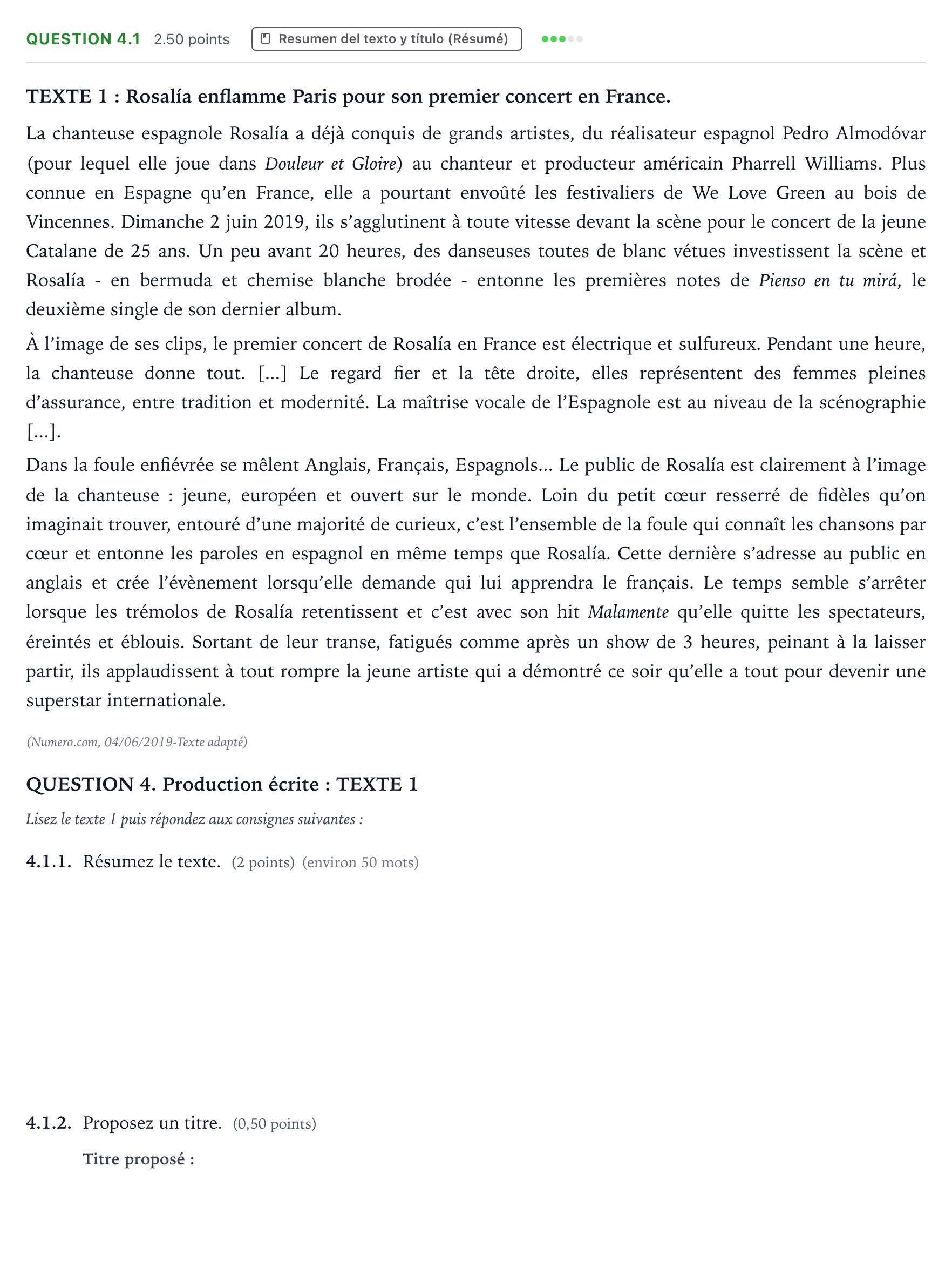 Enunciado: Question 4.1 · Francés PAU Galicia Extraordinaria 2021