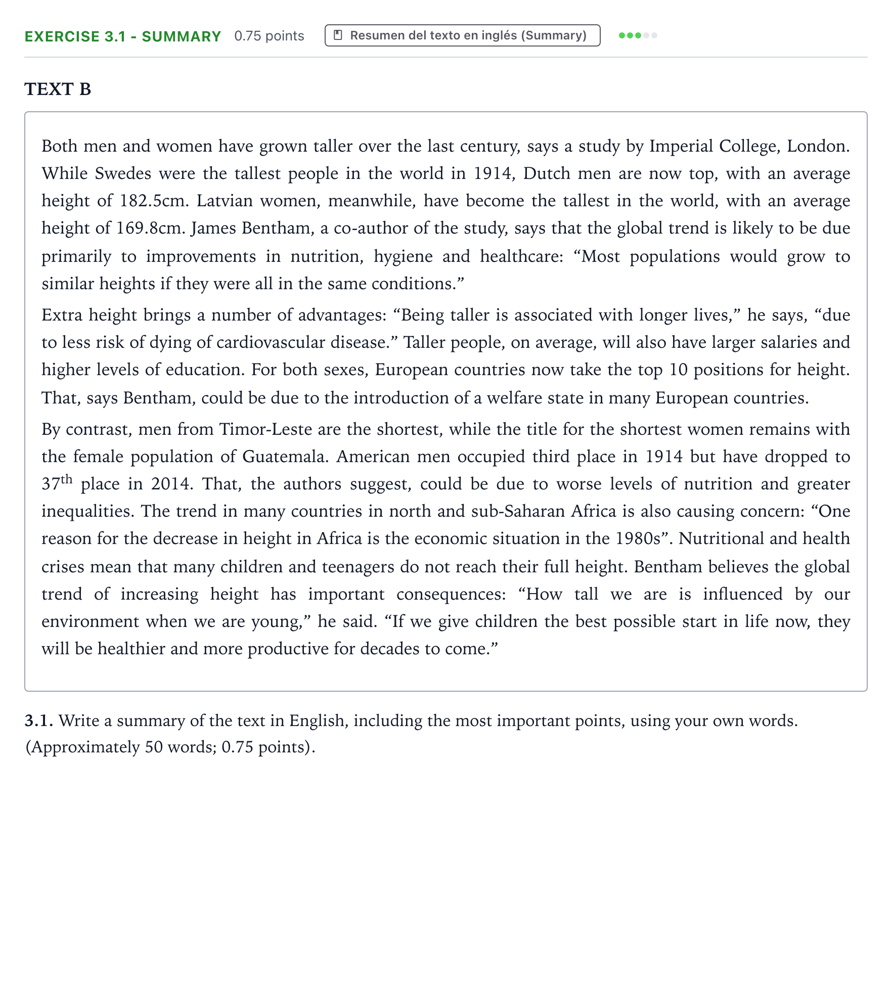 Enunciado: Ejercicio 3.1 - Summary · Inglés PAU Galicia Extraordinaria 2021