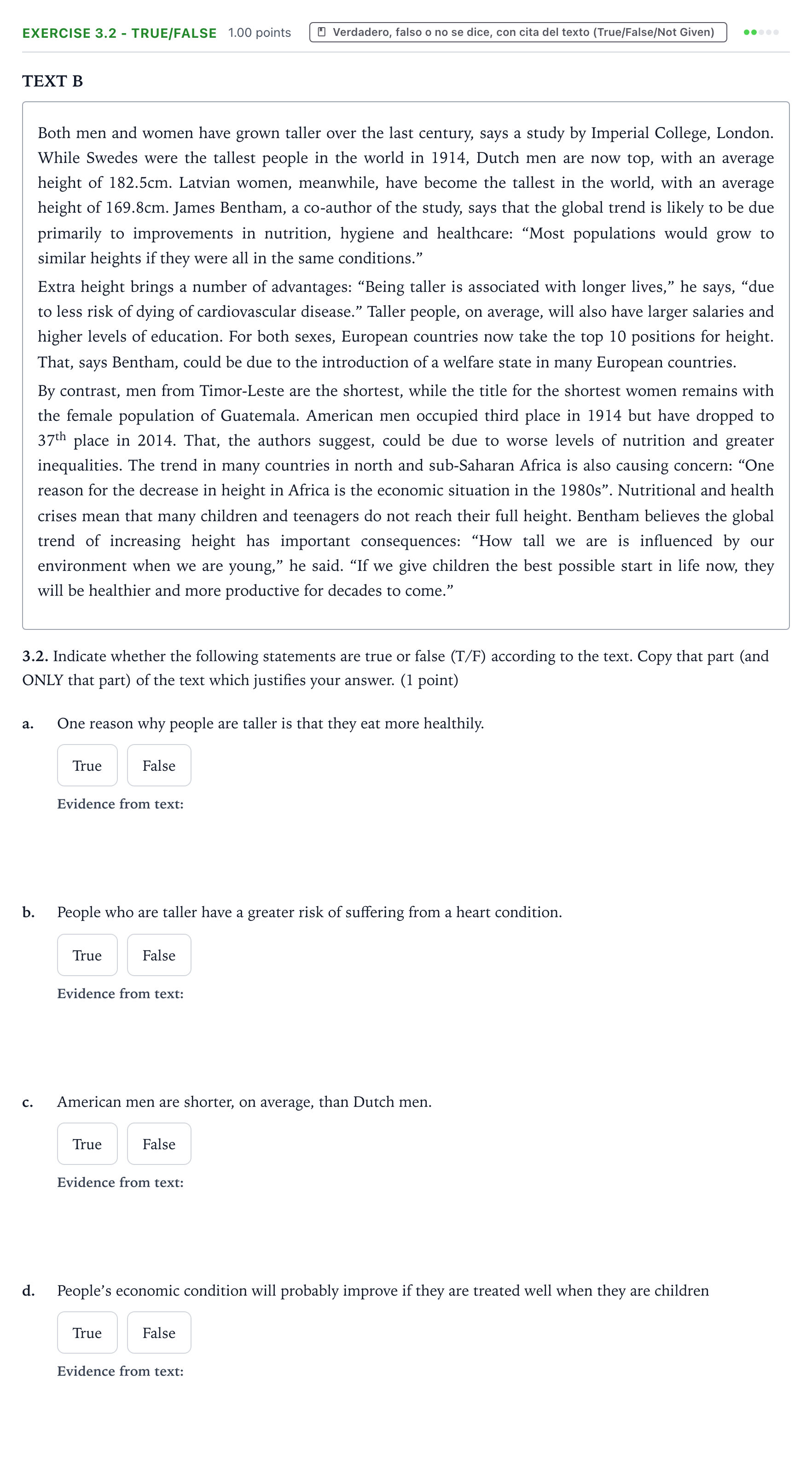 Enunciado: Ejercicio 3.2 - True/False · Inglés PAU Galicia Extraordinaria 2021
