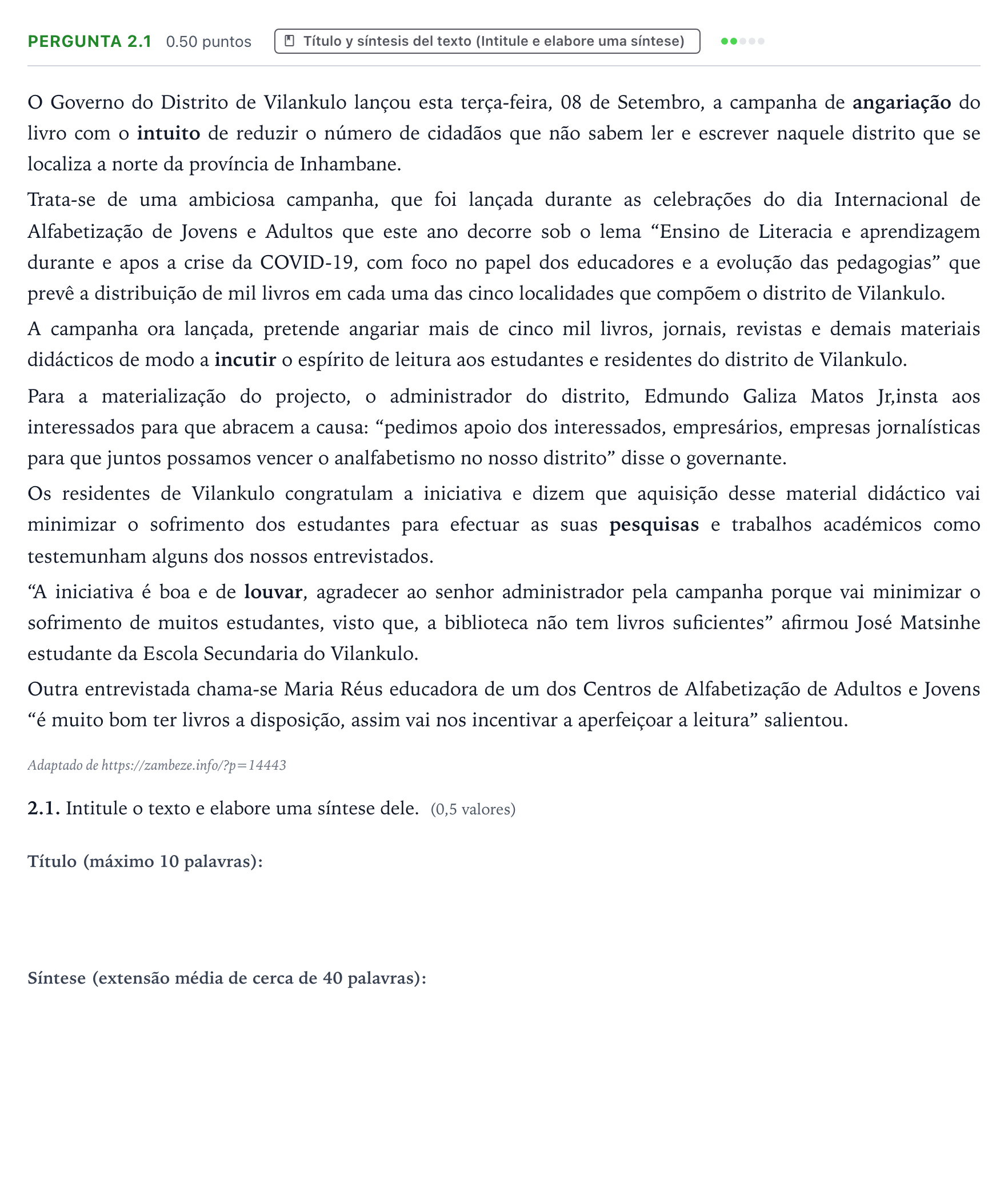 Enunciado: Ejercicio Pergunta 2.1 · Portugués PAU Galicia Ordinaria 2021