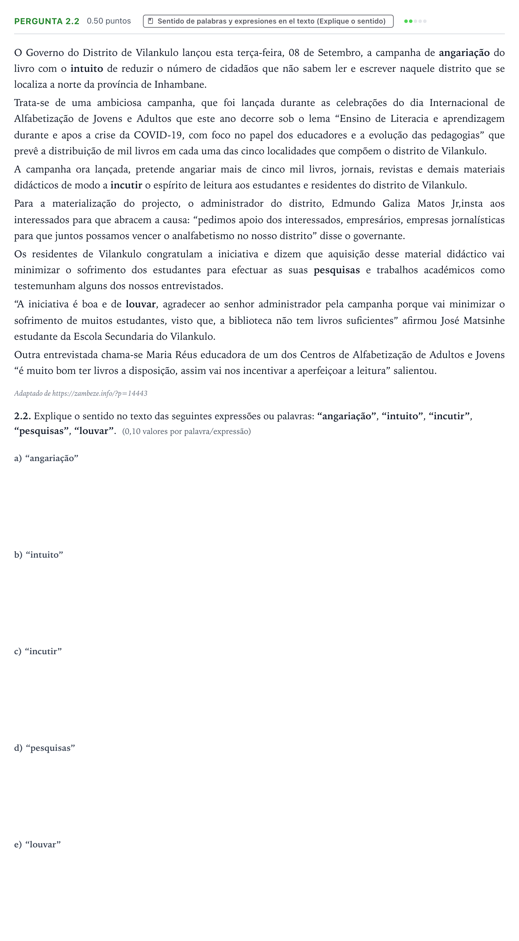 Enunciado: Ejercicio Pergunta 2.2 · Portugués PAU Galicia Ordinaria 2021